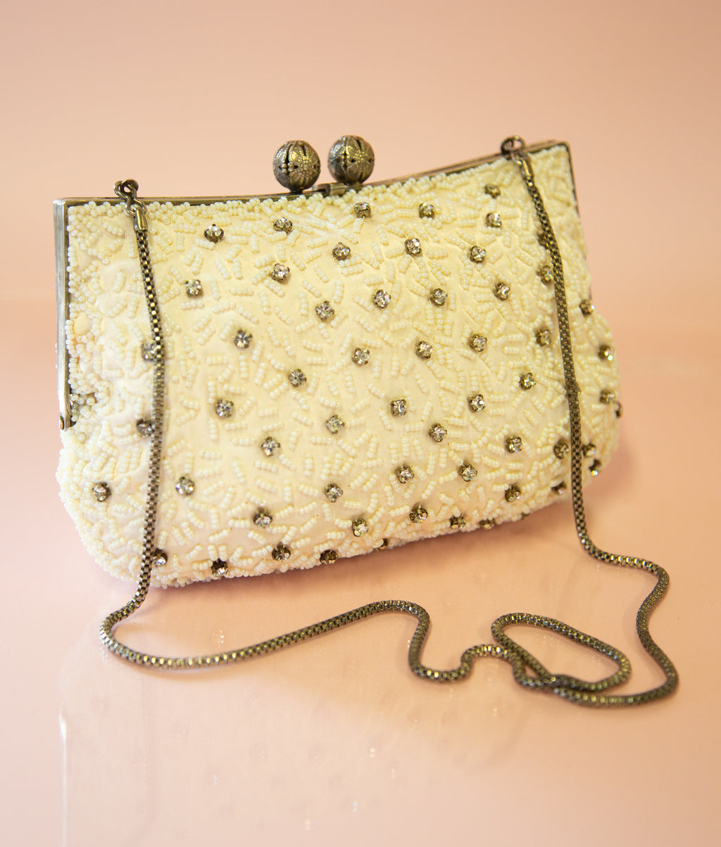 Vintage 1950s Pearl White Rhinestone Evening Bag