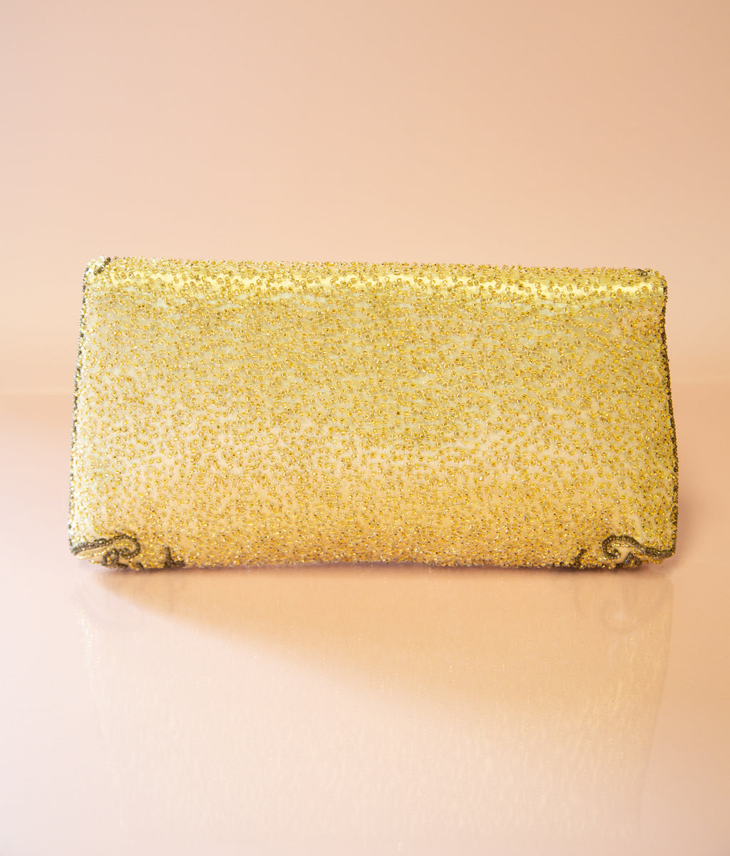 Vintage 1950s French Gold Beaded Evening Clutch Bag