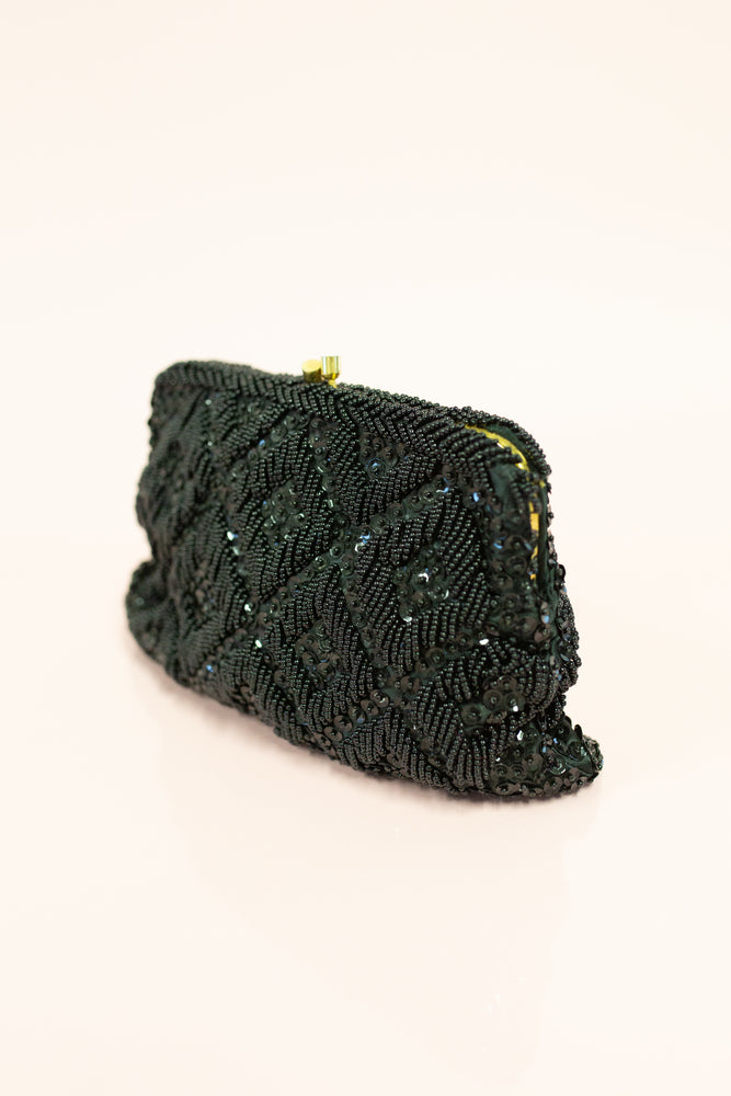 Vintage 1960s Black Beaded Clutch Bag