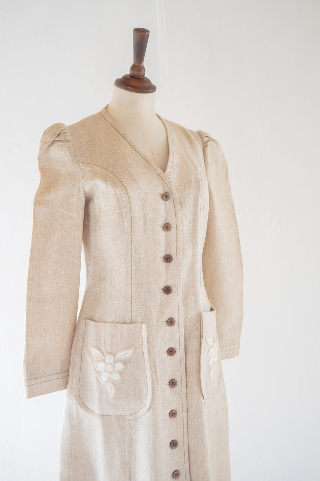 Vintage 1970s Ecru Linen Coat Dress