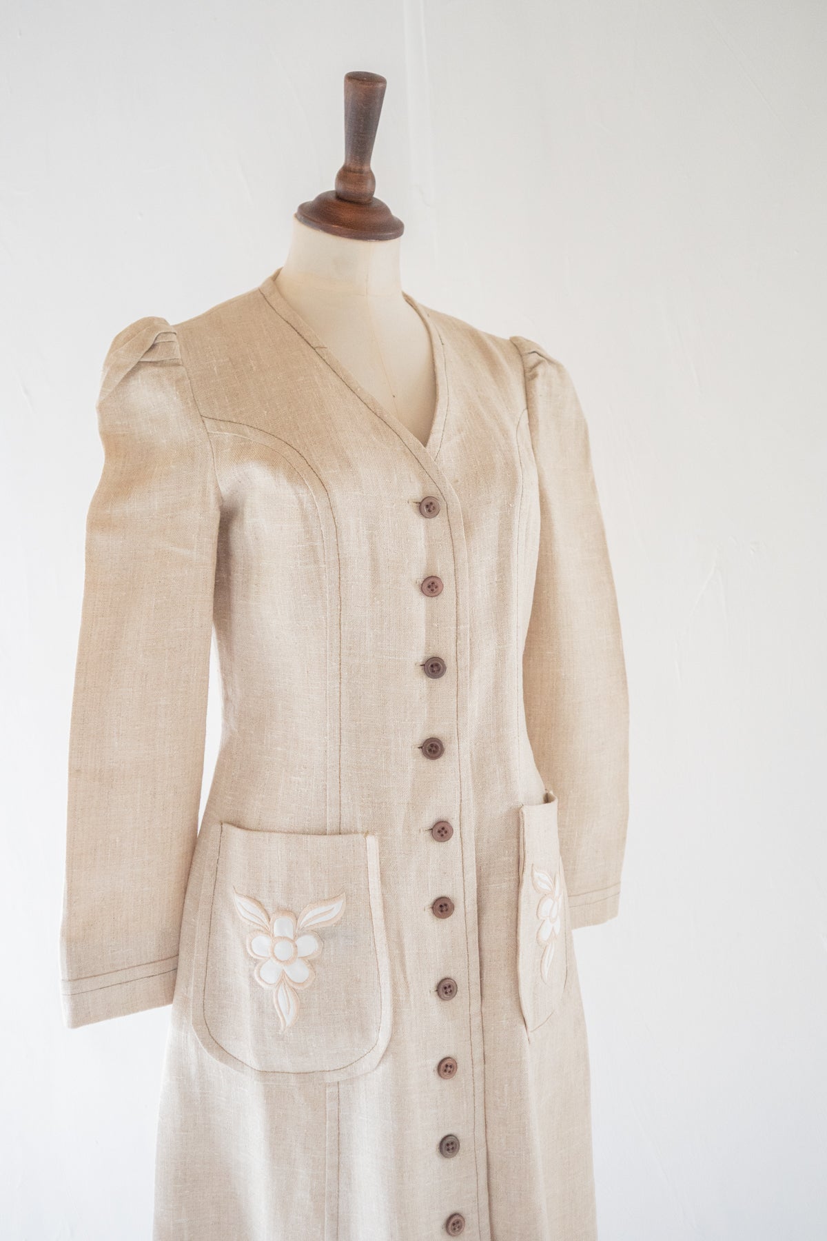 Vintage 1970s Ecru Linen Coat Dress