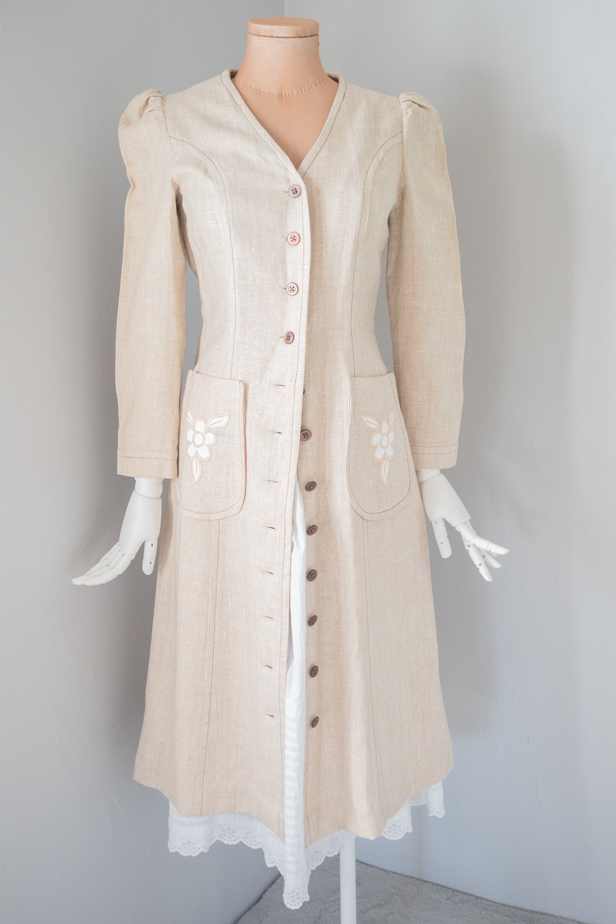 Vintage 1970s Ecru Linen Coat Dress