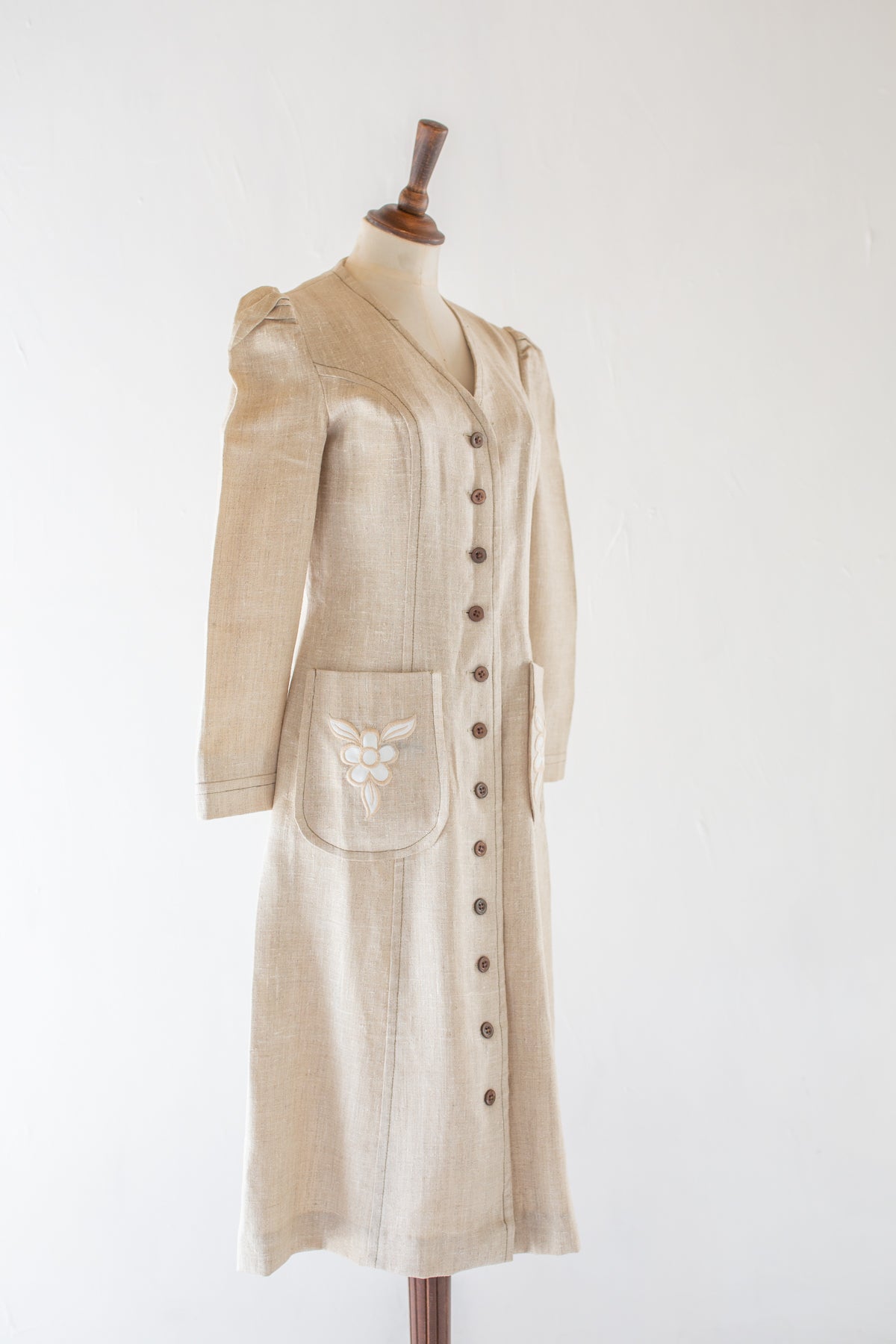 Vintage 1970s Ecru Linen Coat Dress
