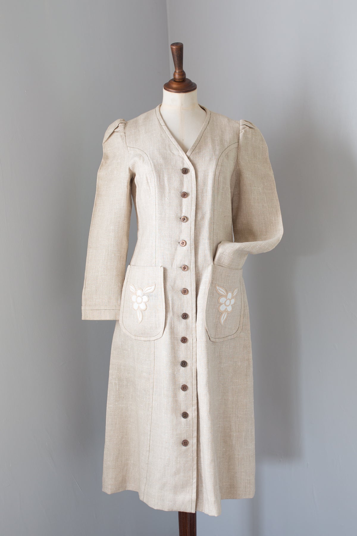 Vintage 1970s Ecru Linen Coat Dress