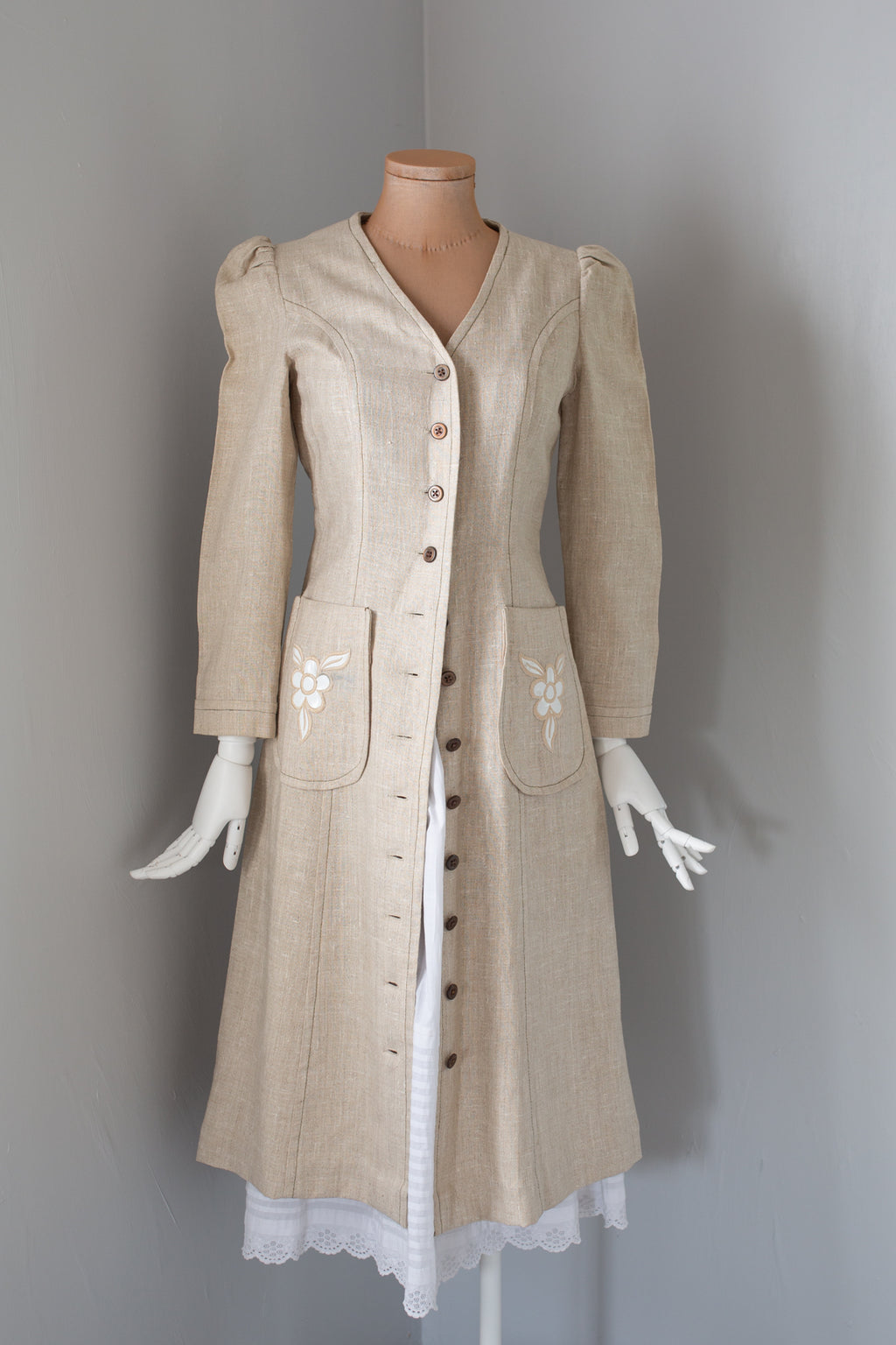 Vintage 1970s Ecru Linen Coat Dress