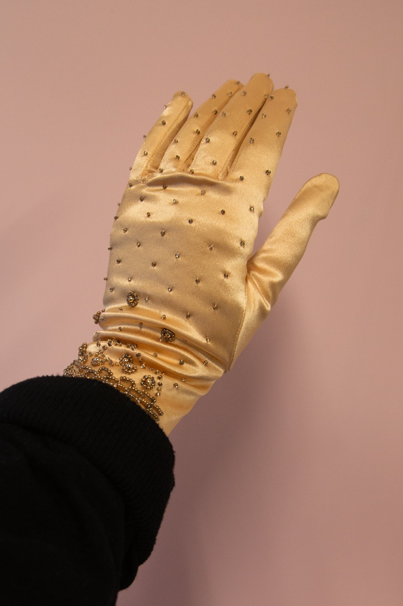Vintage 1950s Champagne Satin Beaded Gloves