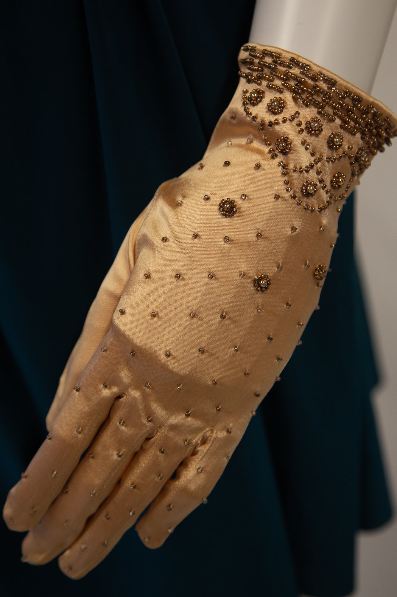Vintage 1950s Champagne Satin Beaded Gloves