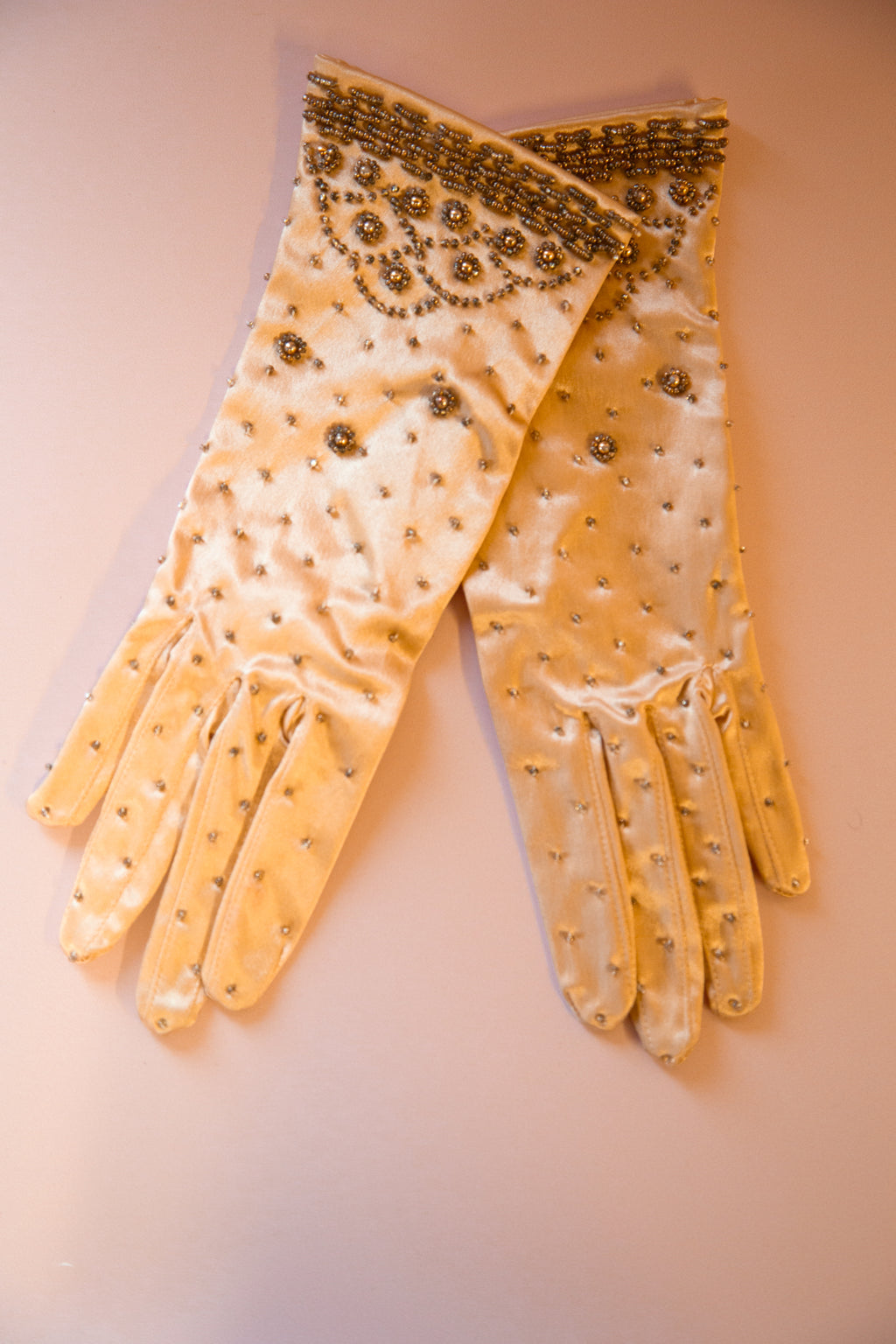 Vintage 1950s Champagne Satin Beaded Gloves