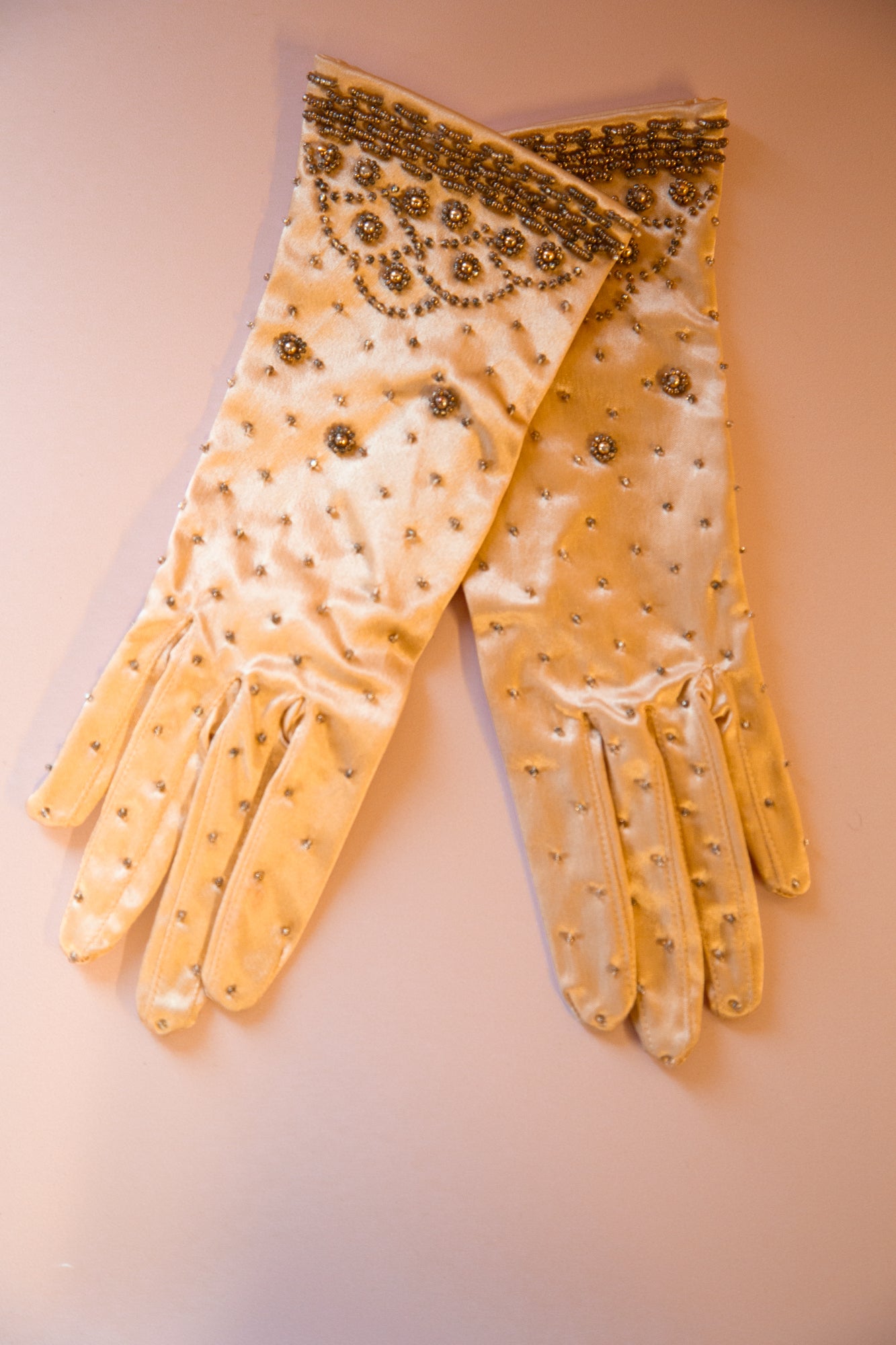 Vintage 1950s Champagne Satin Beaded Gloves