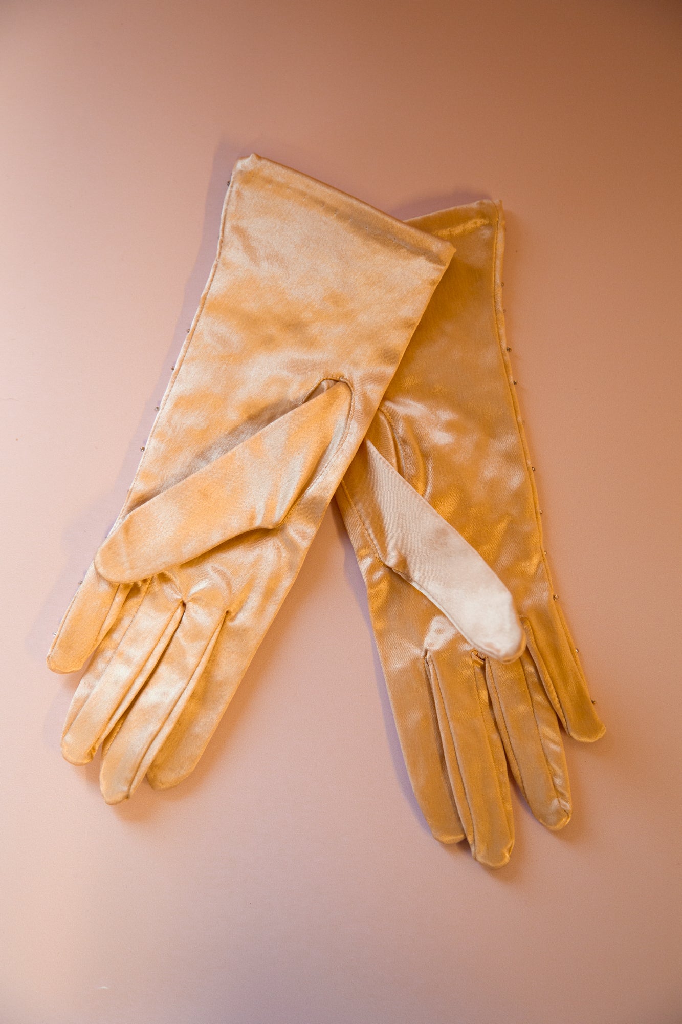 Vintage 1950s Champagne Satin Beaded Gloves