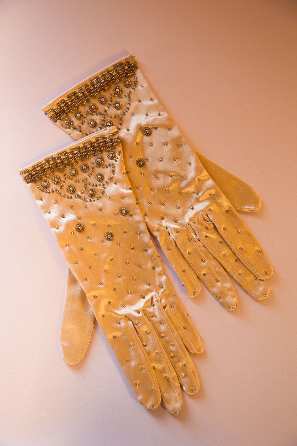 Vintage 1950s Champagne Satin Beaded Gloves