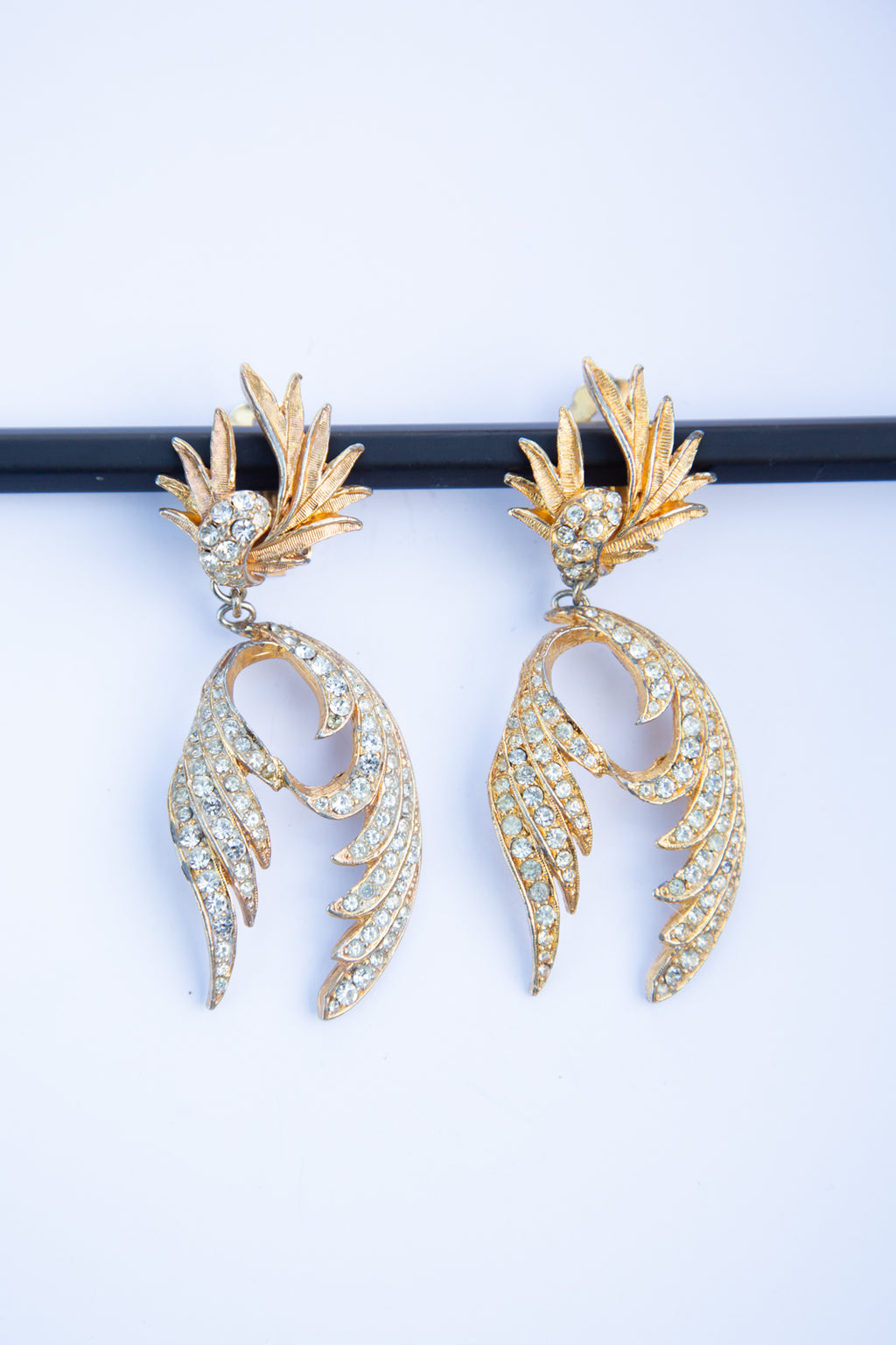 Vintage 1980s Gold Rhinestone Feather Earrings