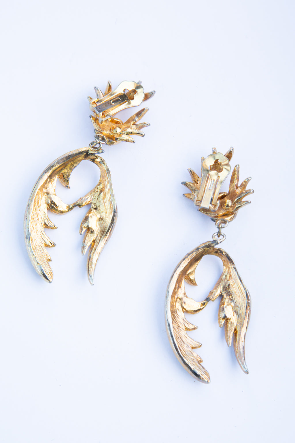 Vintage 1980s Gold Rhinestone Feather Earrings