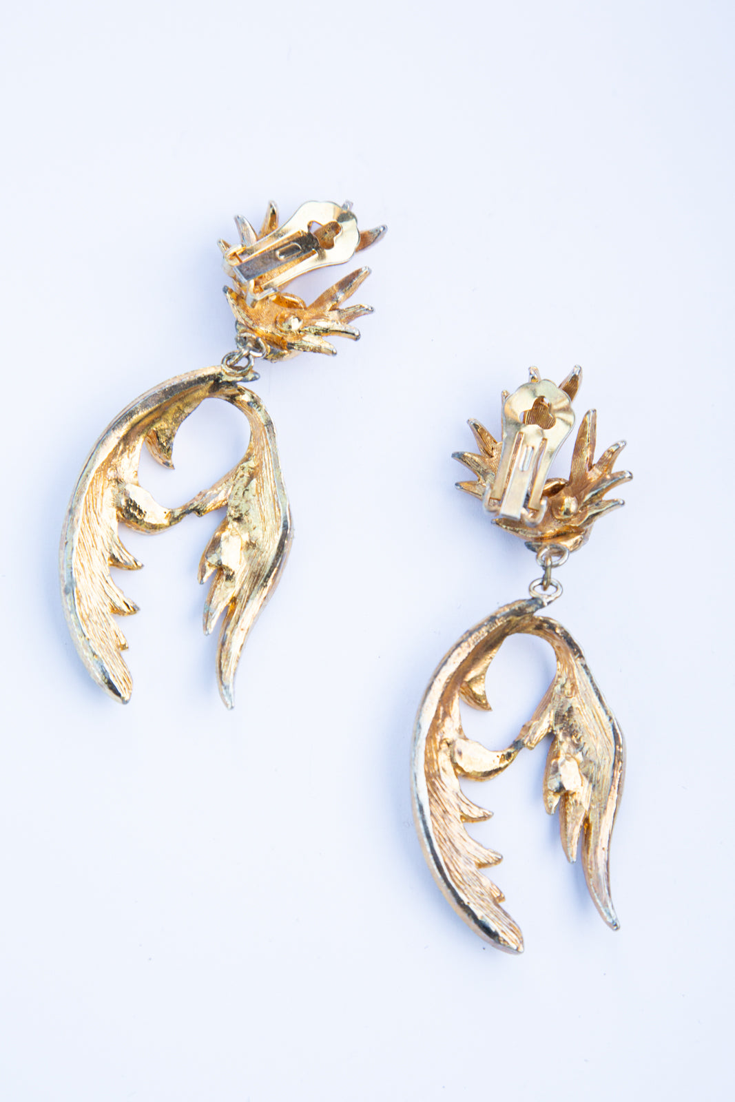 Vintage 1980s Gold Rhinestone Feather Earrings