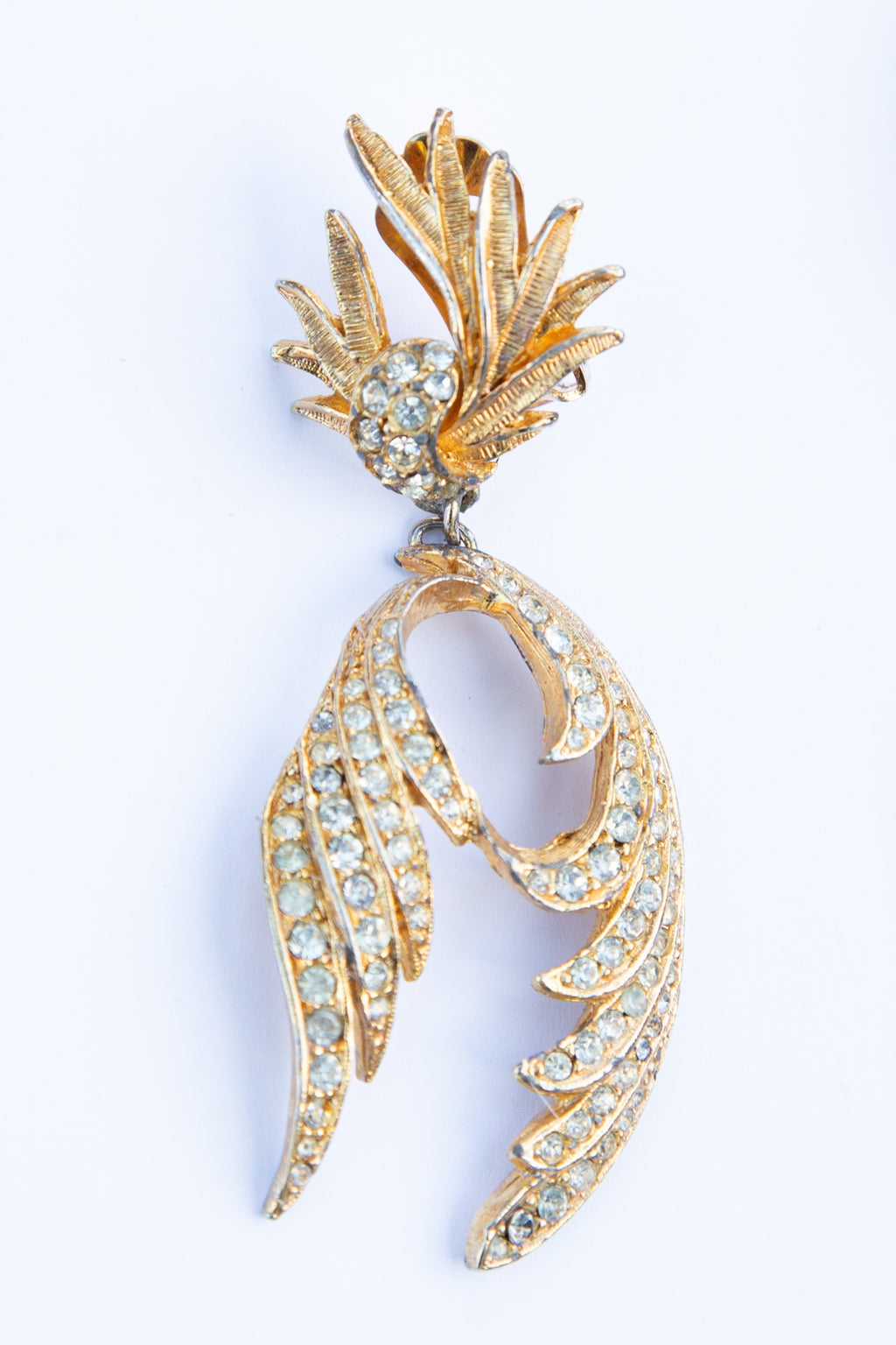 Vintage 1980s Gold Rhinestone Feather Earrings