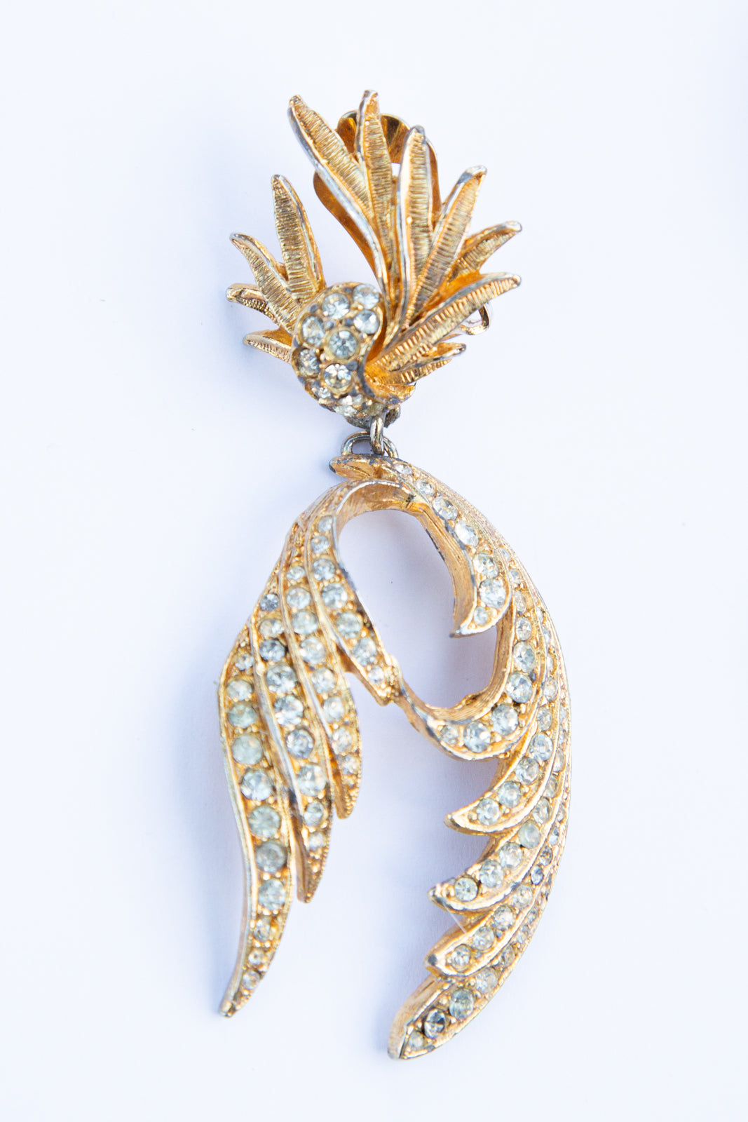 Vintage 1980s Gold Rhinestone Feather Earrings