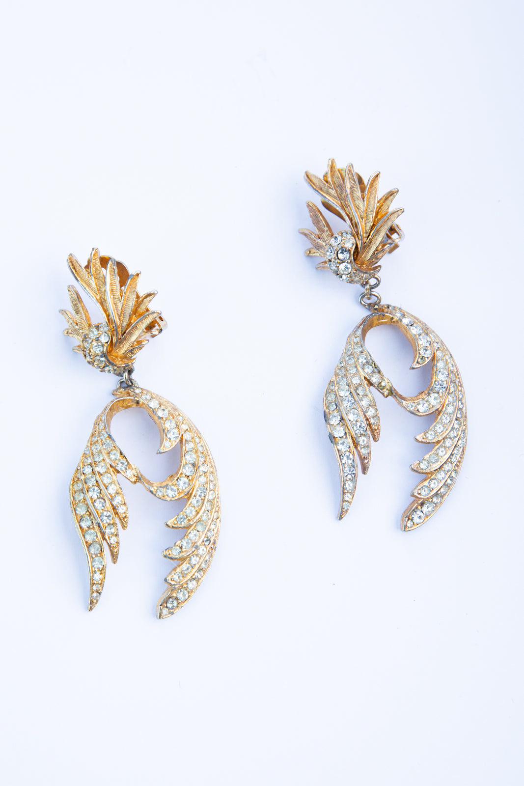Vintage 1980s Gold Rhinestone Feather Earrings