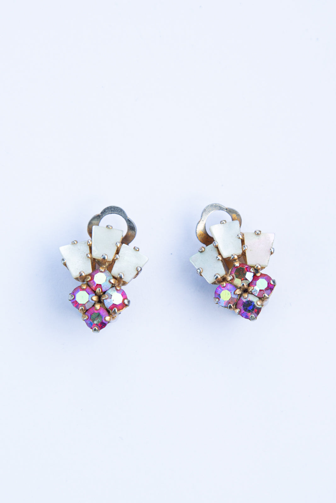 Vintage 1950s Mother of Pearl Pink Crystal Earrings