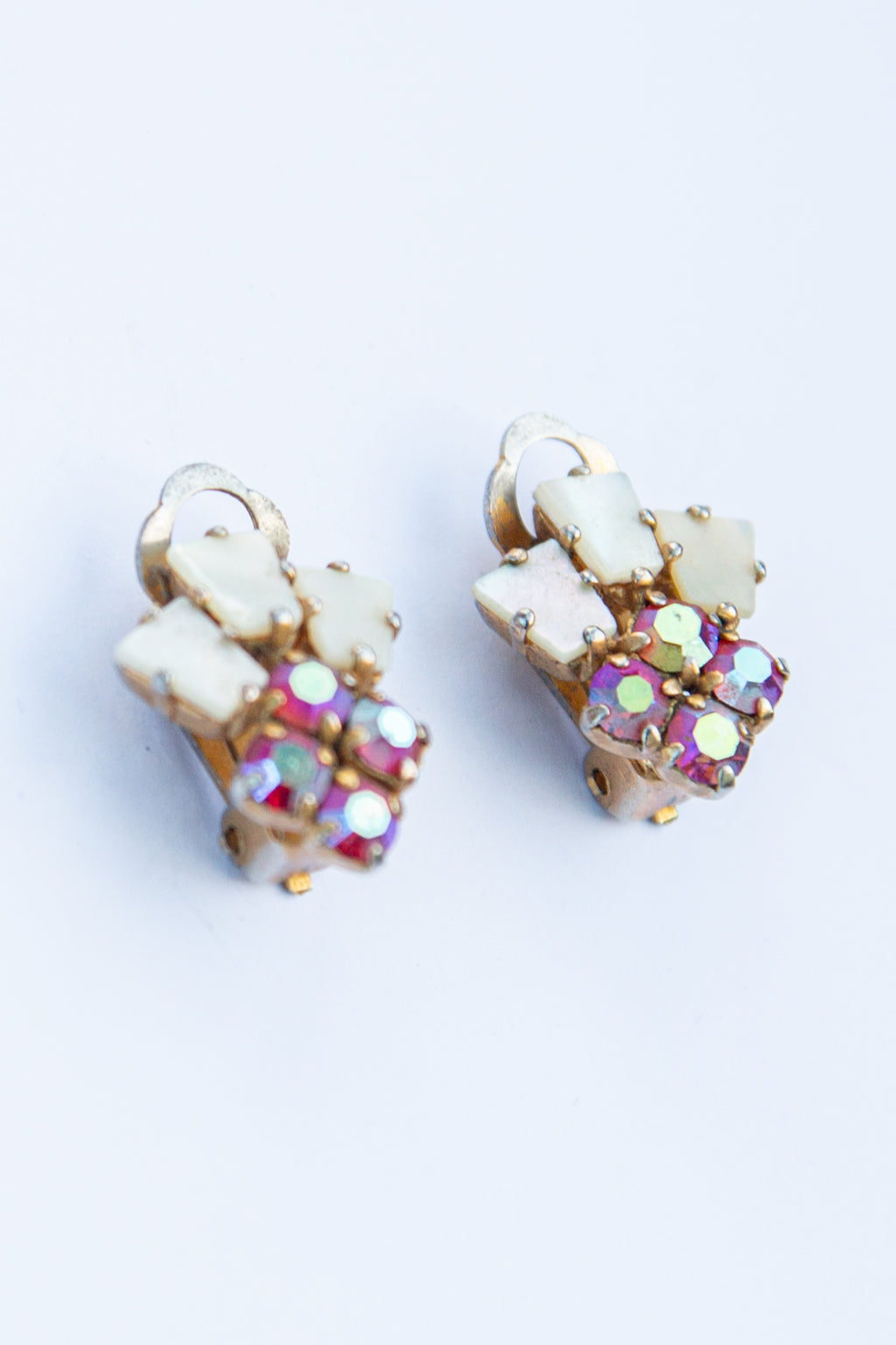 Vintage 1950s Mother of Pearl Pink Crystal Earrings