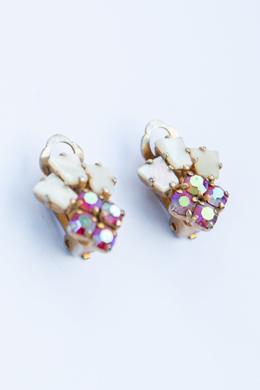 Vintage 1950s Mother of Pearl Pink Crystal Earrings