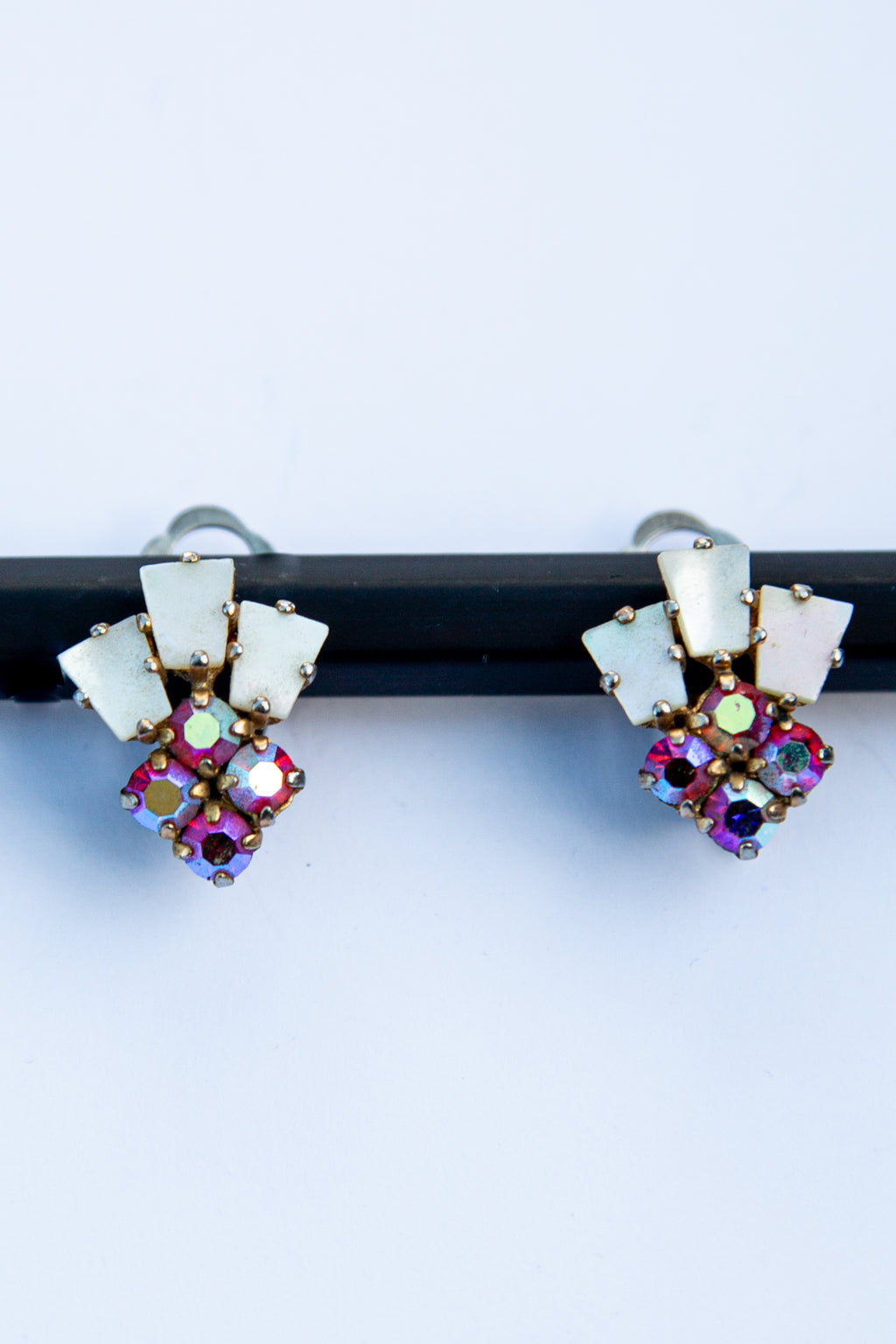 Vintage 1950s Mother of Pearl Pink Crystal Earrings