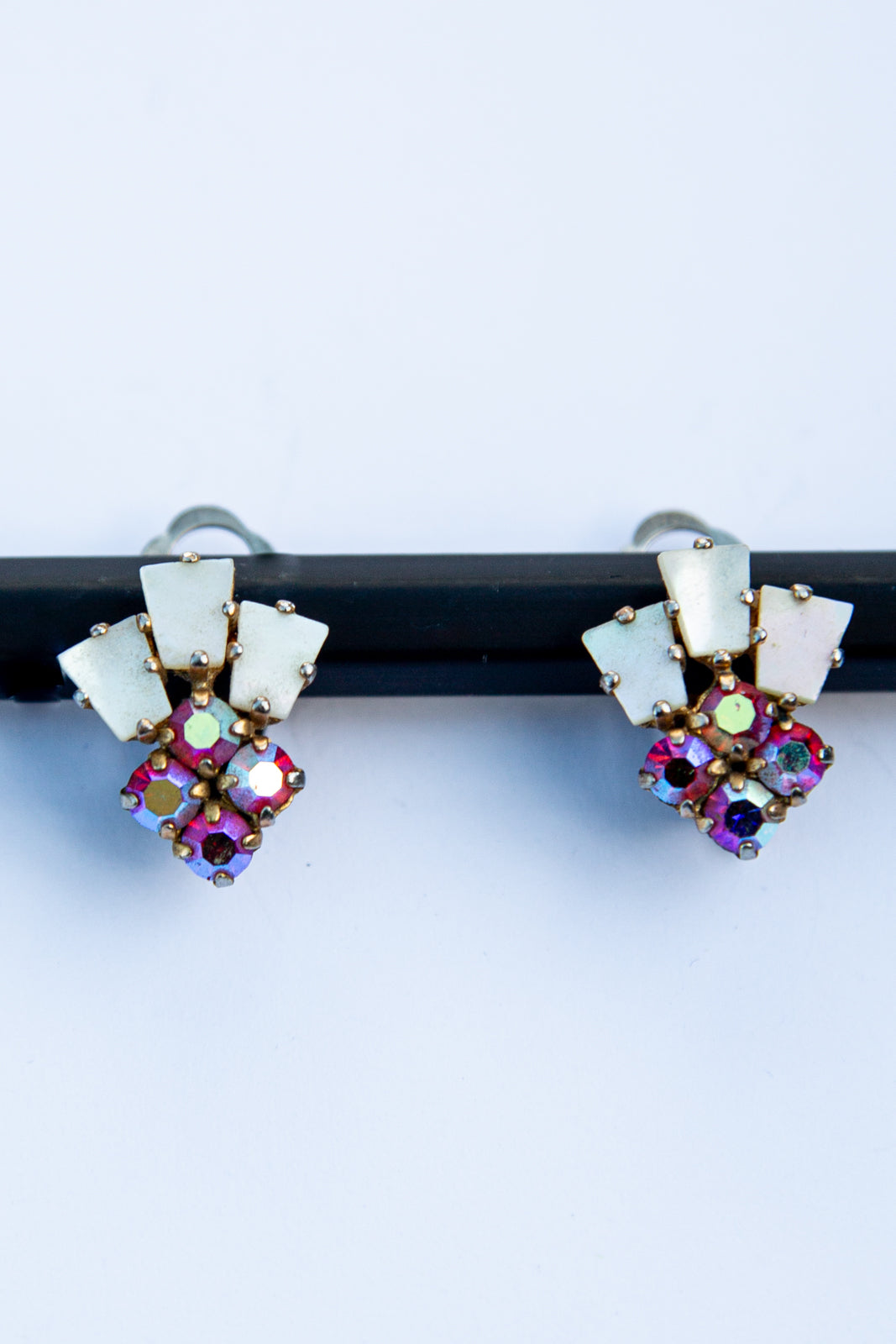 Vintage 1950s Mother of Pearl Pink Crystal Earrings