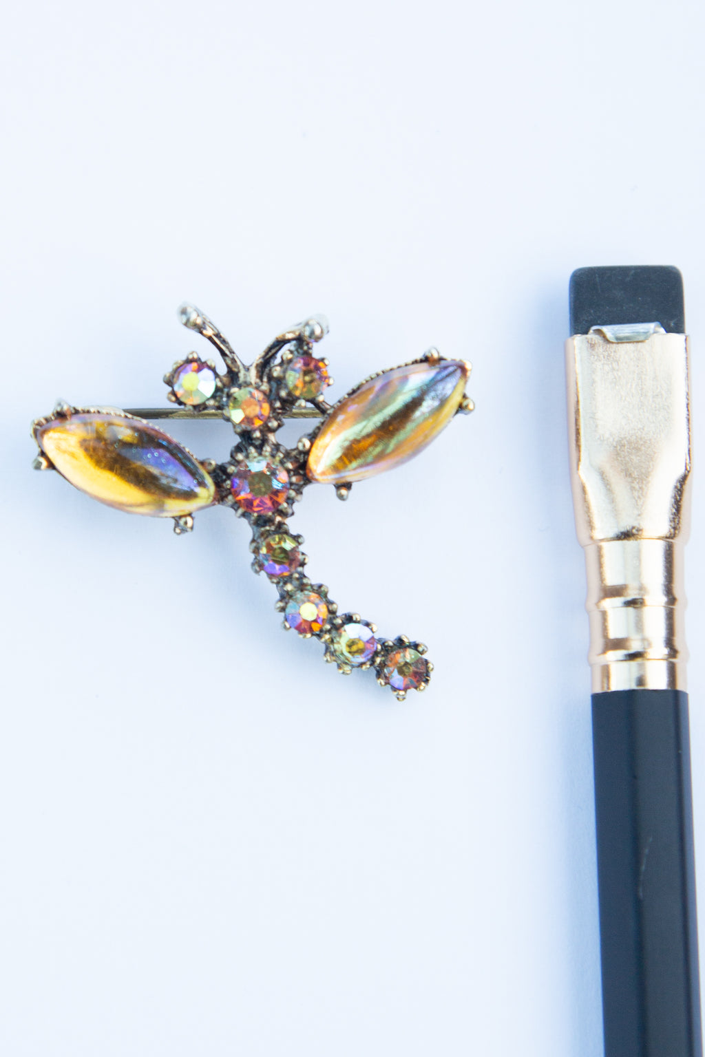 Vintage 1980s Amber Crystal Dragonfly Brooch