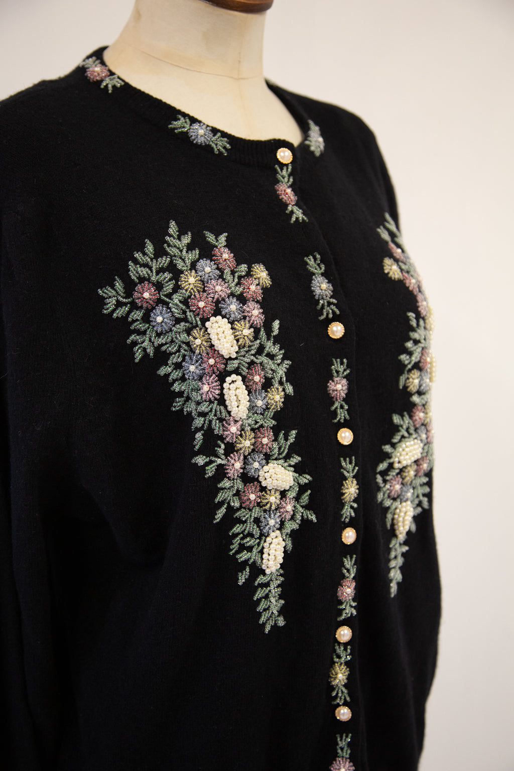 Vintage 1980s Black Beaded Wool Cardigan