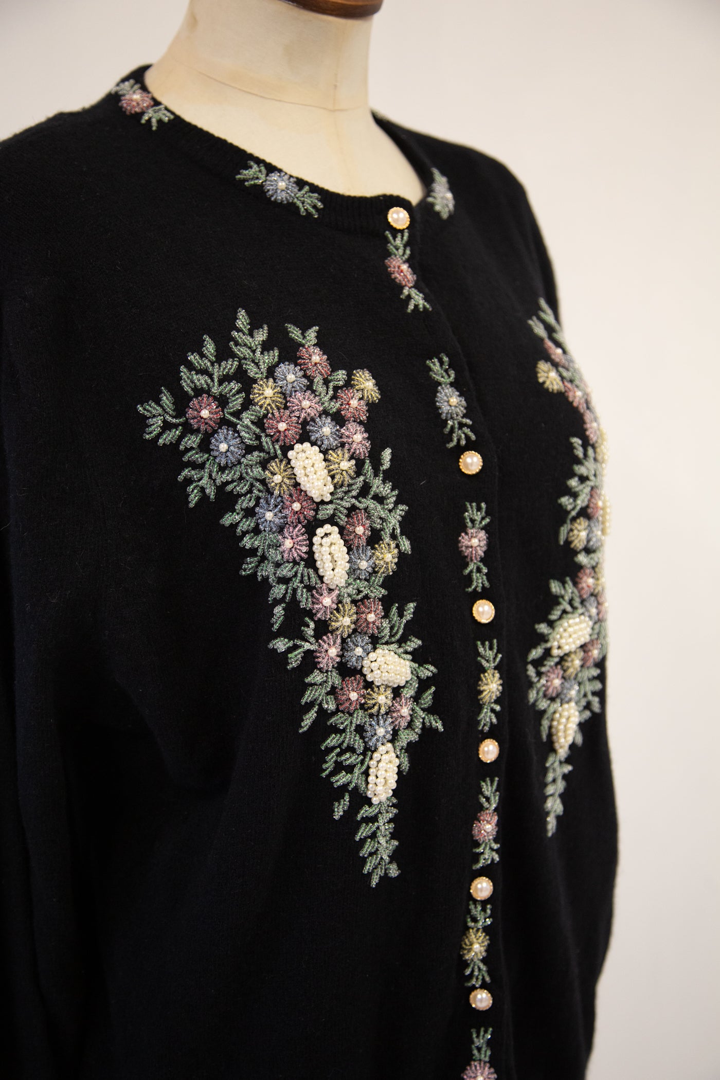 Vintage 1980s Black Beaded Wool Cardigan