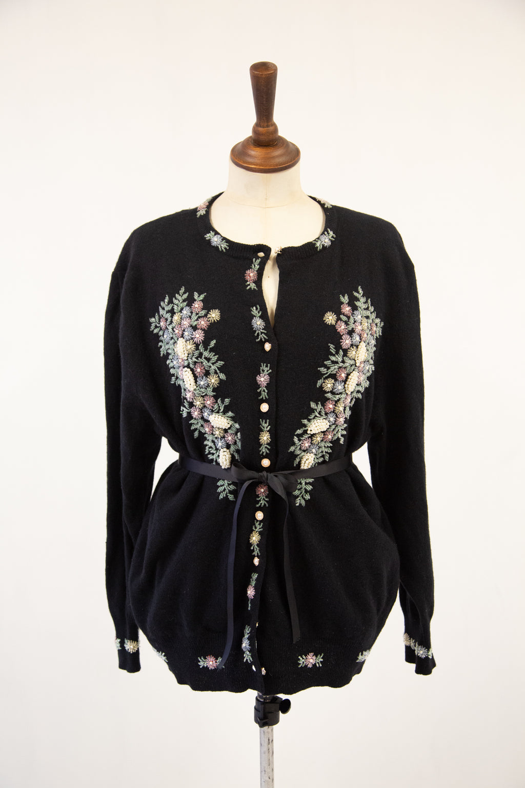 Vintage 1980s Black Beaded Wool Cardigan