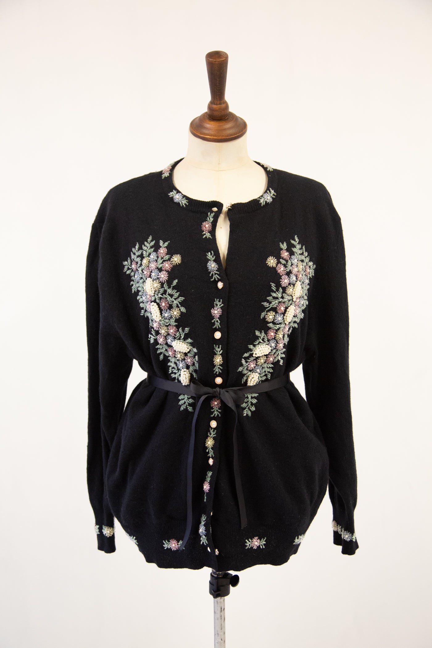 Vintage 1980s Black Beaded Wool Cardigan