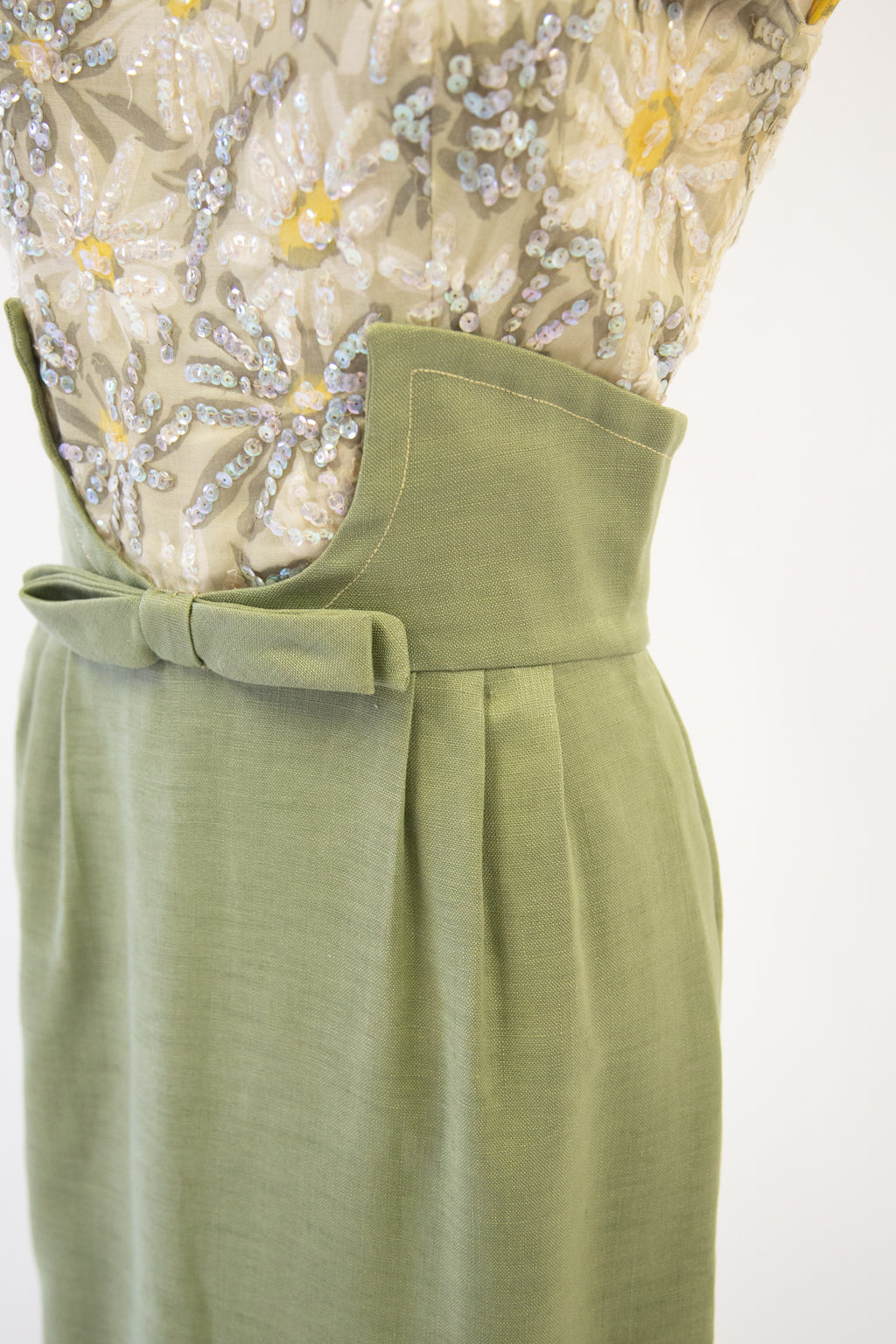 Vintage 1950s Green Linen Sequin Dress by Ransohoffs