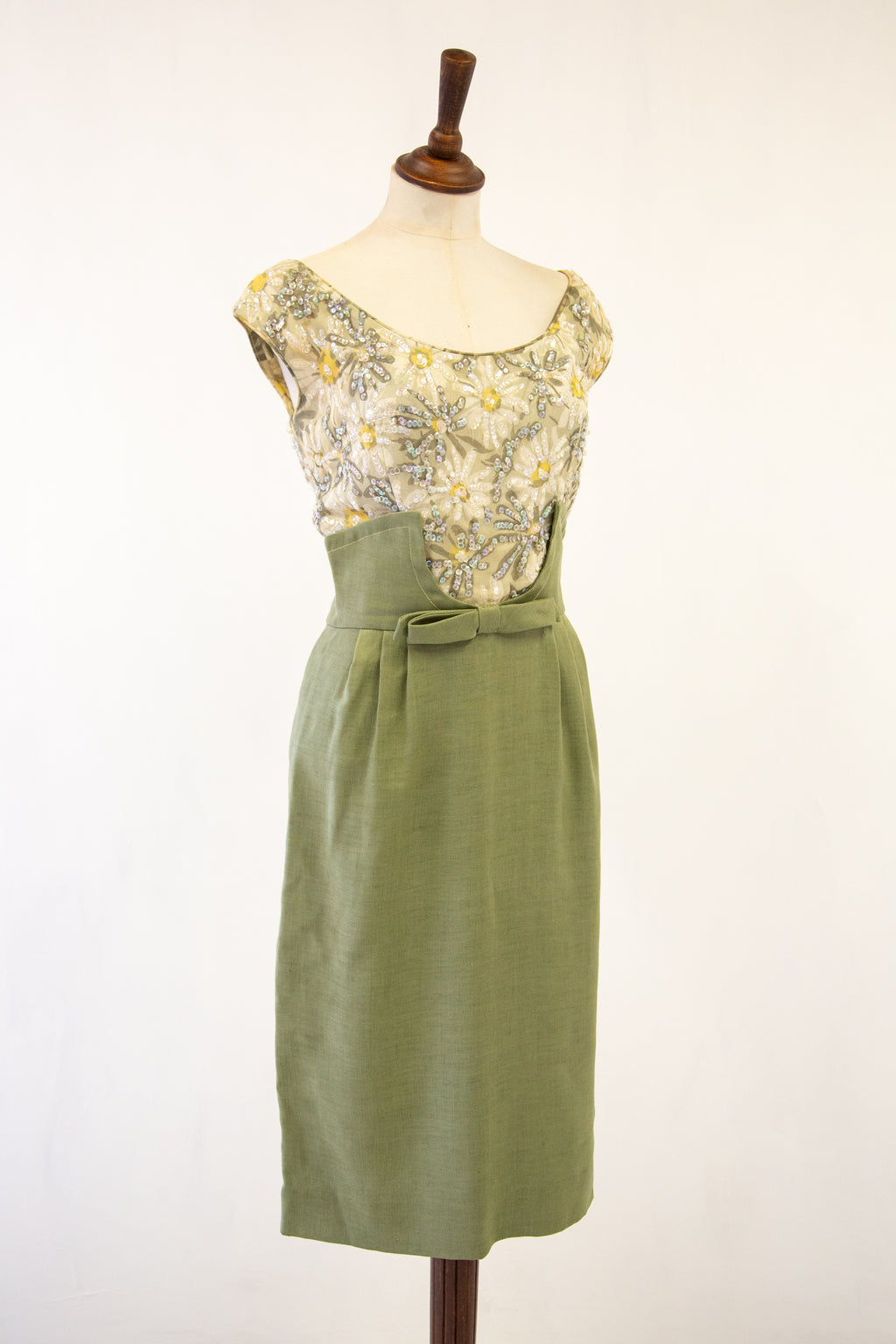 Vintage 1950s Green Linen Sequin Dress by Ransohoffs