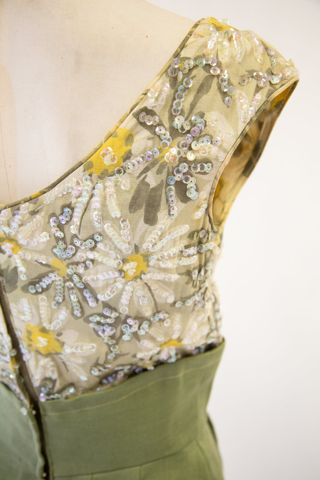Vintage 1950s Green Linen Sequin Dress by Ransohoffs