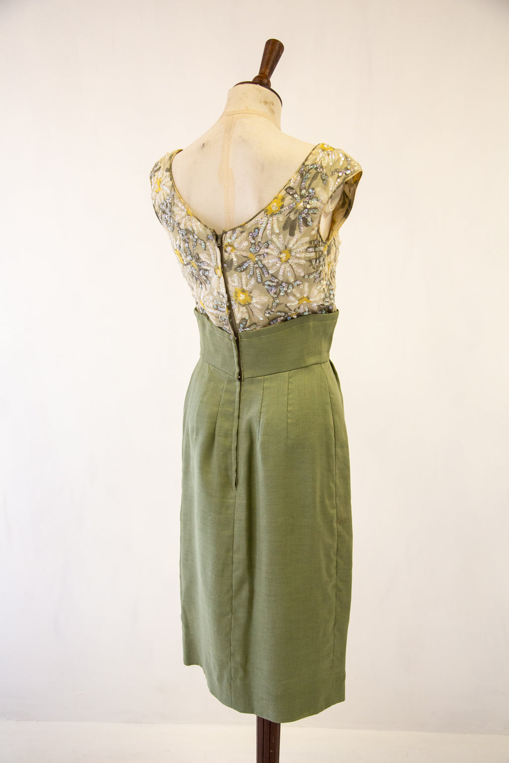 Vintage 1950s Green Linen Sequin Dress by Ransohoffs