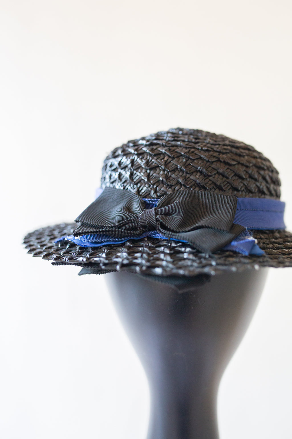 Antique Small Black Straw Boater Hat