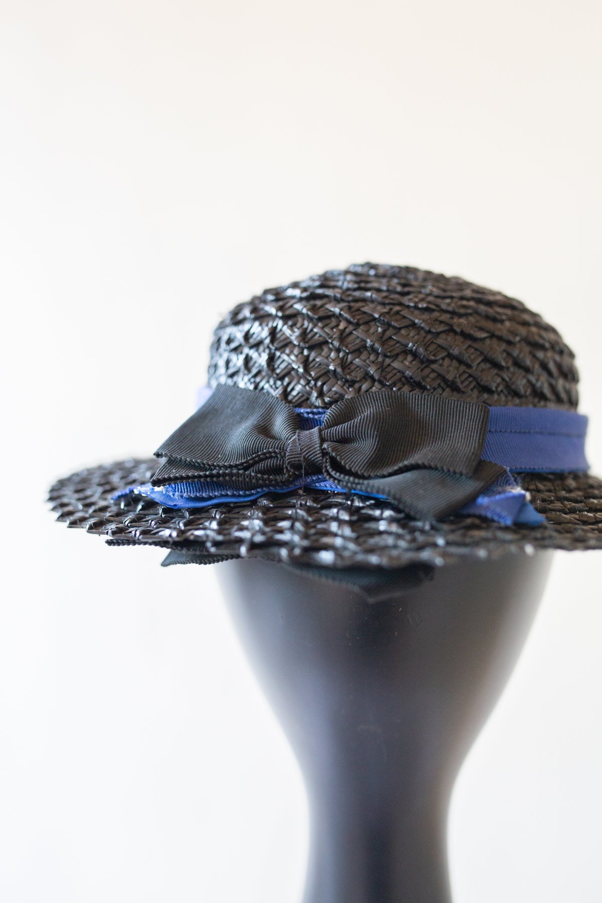 Antique Small Black Straw Boater Hat