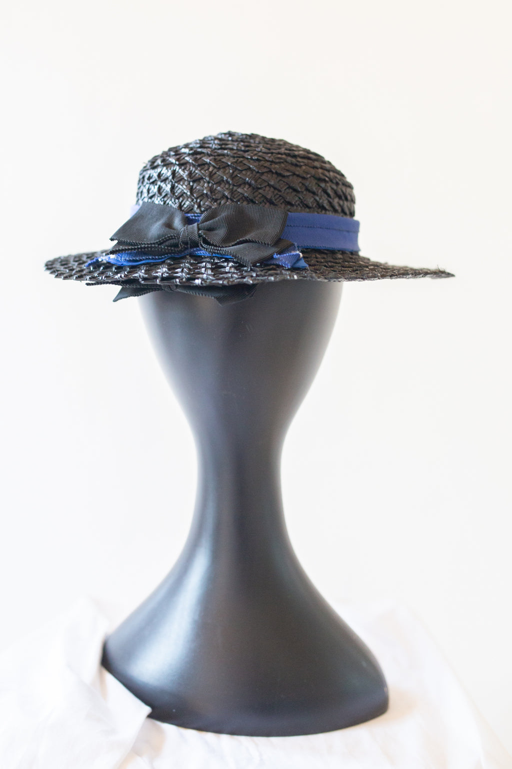 Antique Small Black Straw Boater Hat