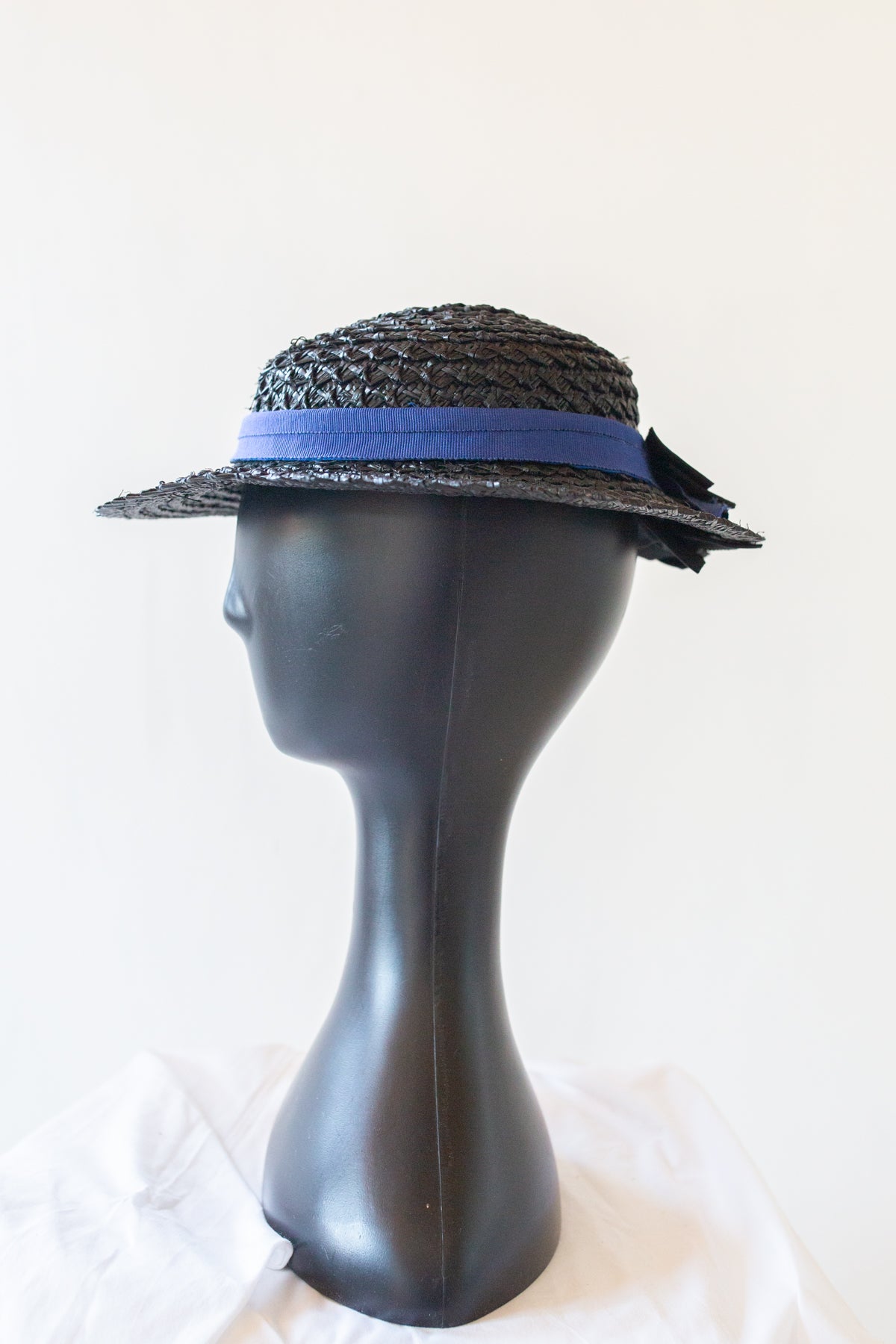 Antique Small Black Straw Boater Hat