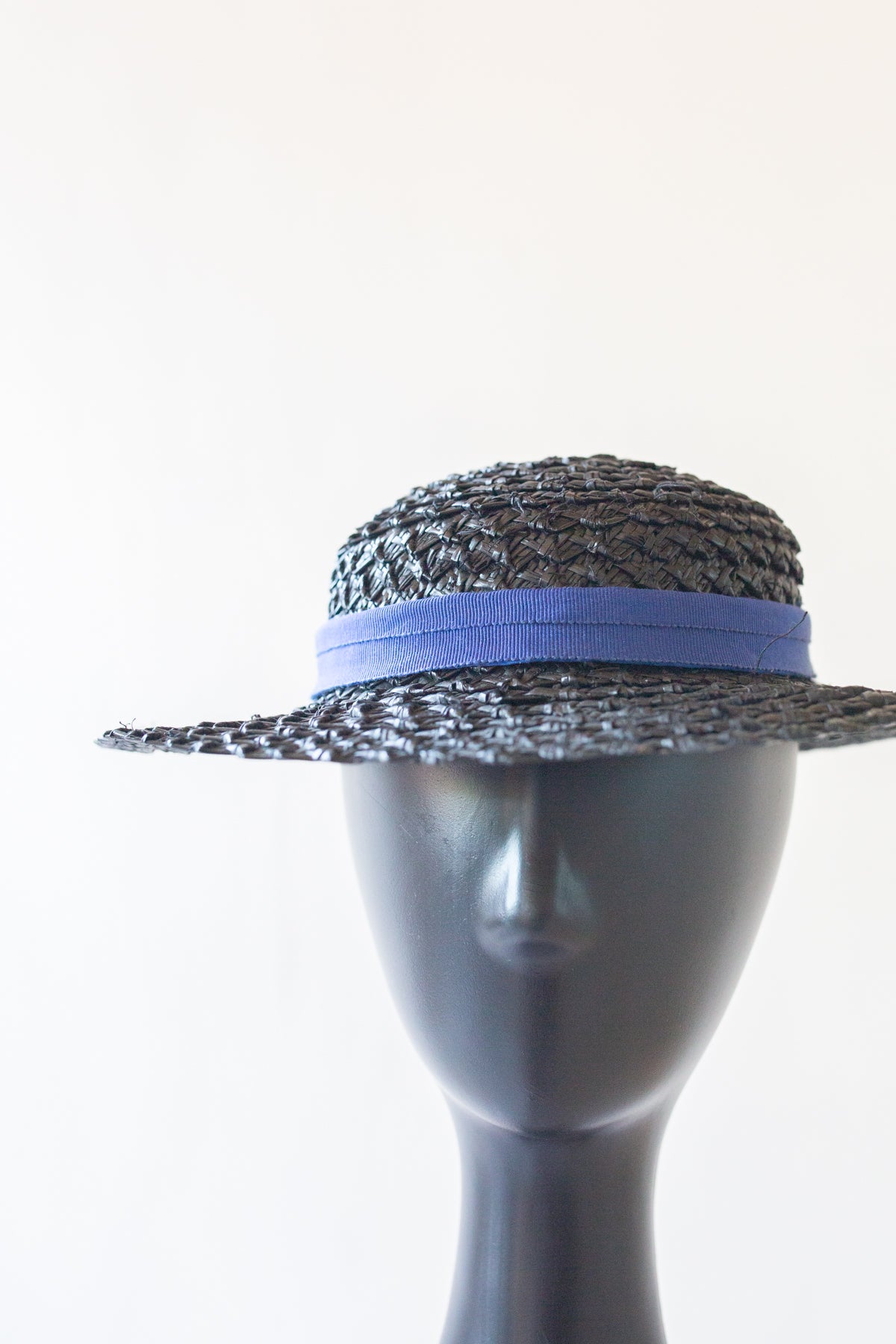 Antique Small Black Straw Boater Hat