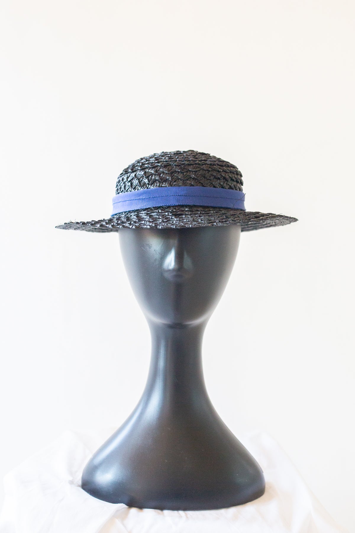 Antique Small Black Straw Boater Hat
