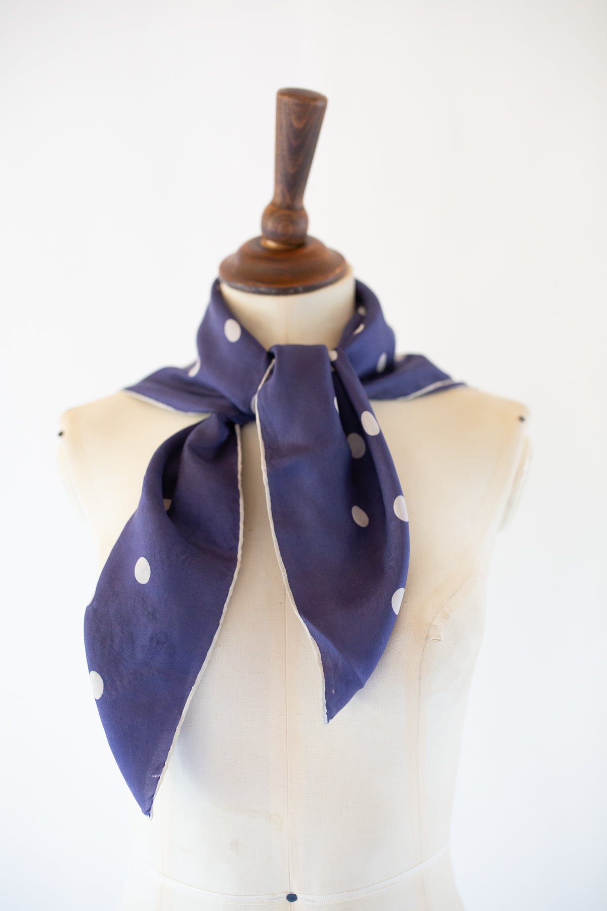 Vintage 1980s Blue Silk Polka dot Scarf