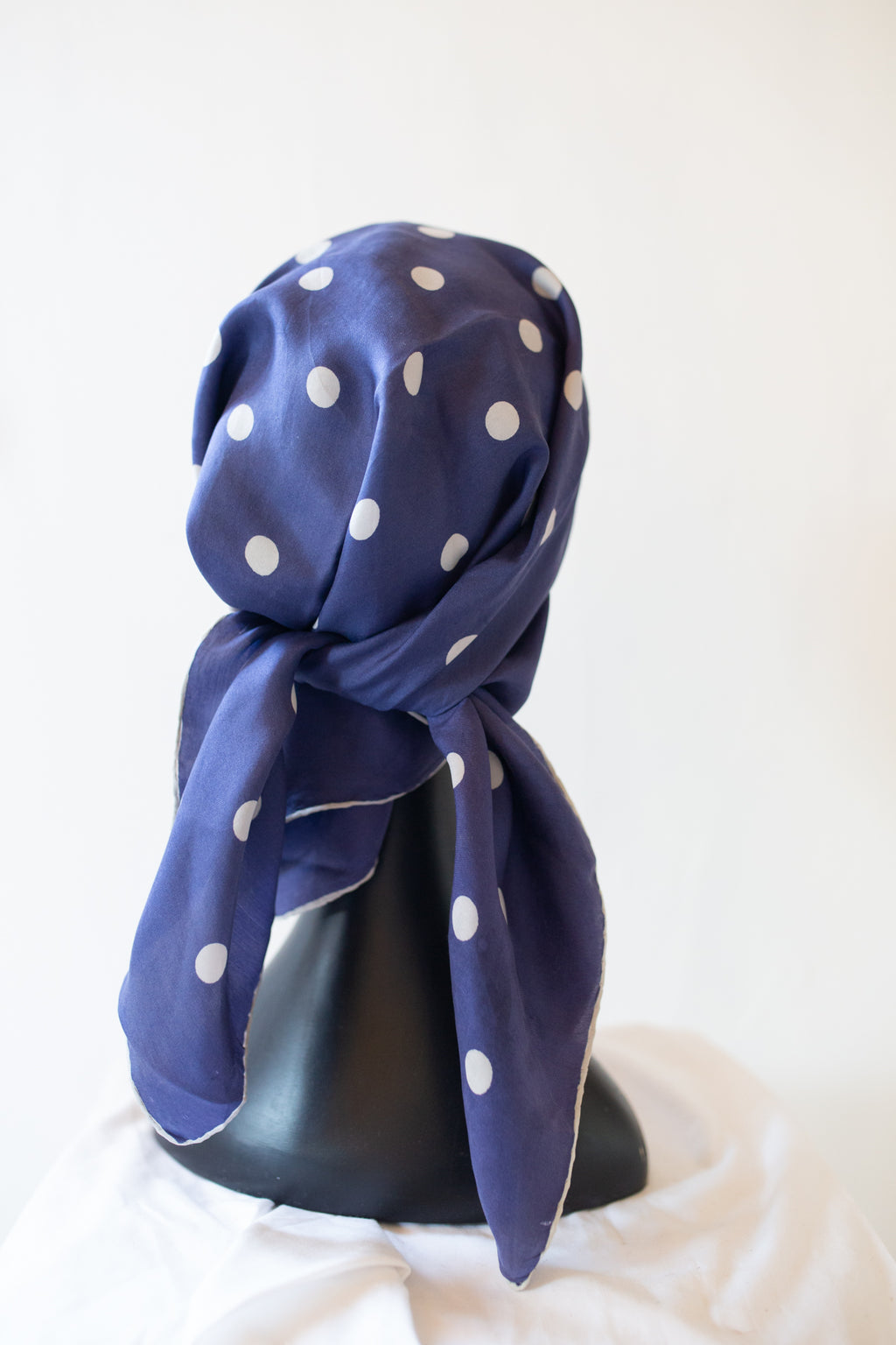 Vintage 1980s Blue Silk Polka dot Scarf