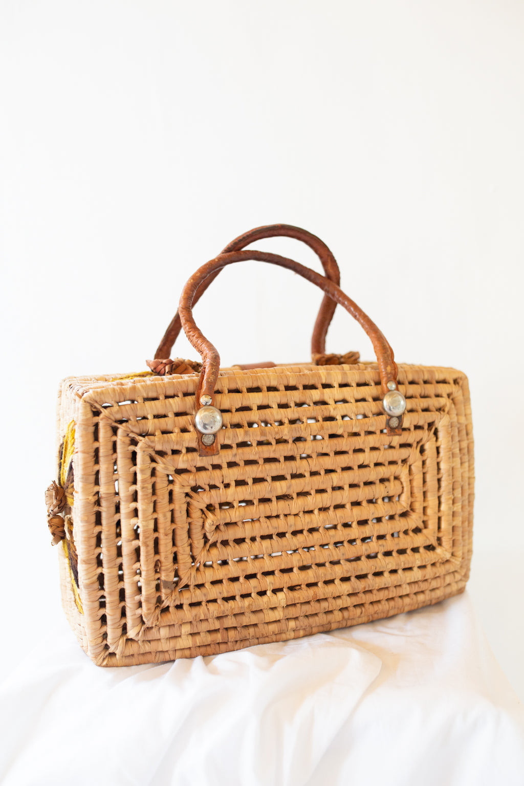 Vintage 1950s Straw Embroidered Box Bag