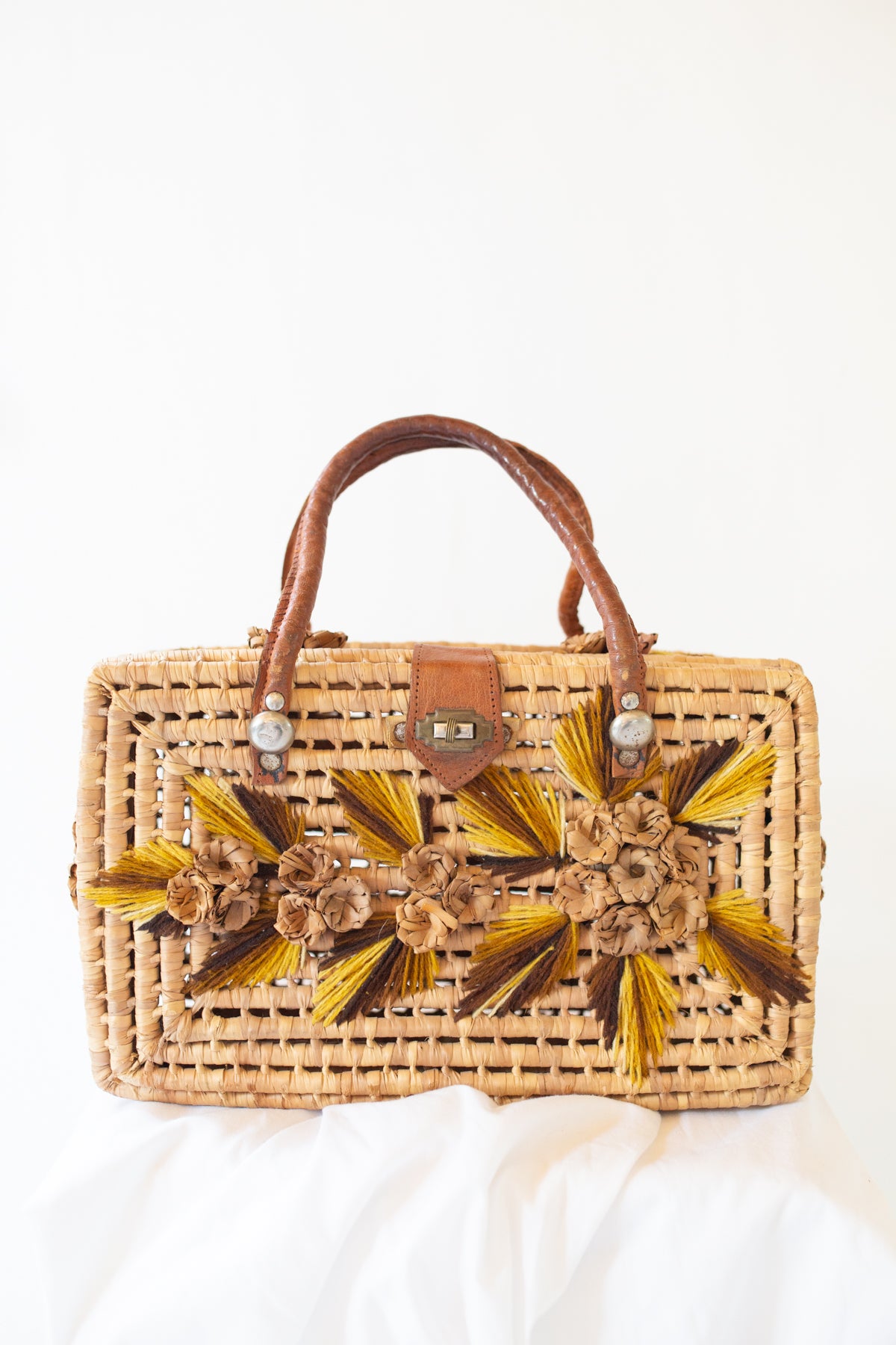 Vintage 1950s Straw Embroidered Box Bag