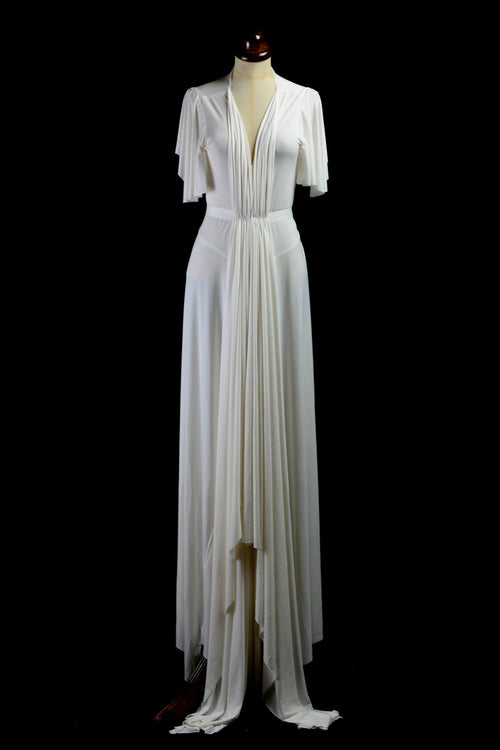 1930s style draped silk jersey wedding dress by designer Alexandra King