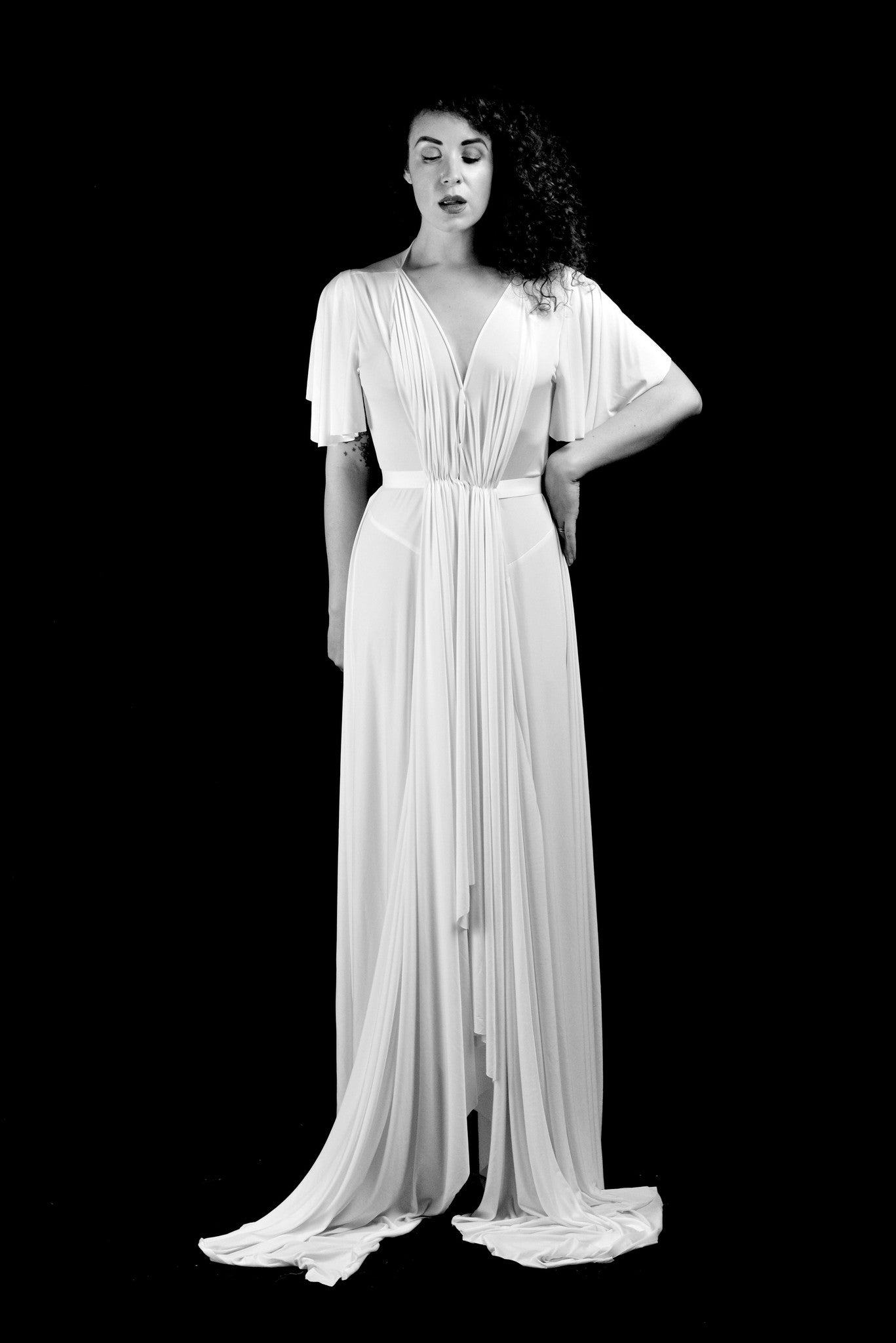 bridal 1930s style draped silk jersey wedding dress gown by designer Alexandra King