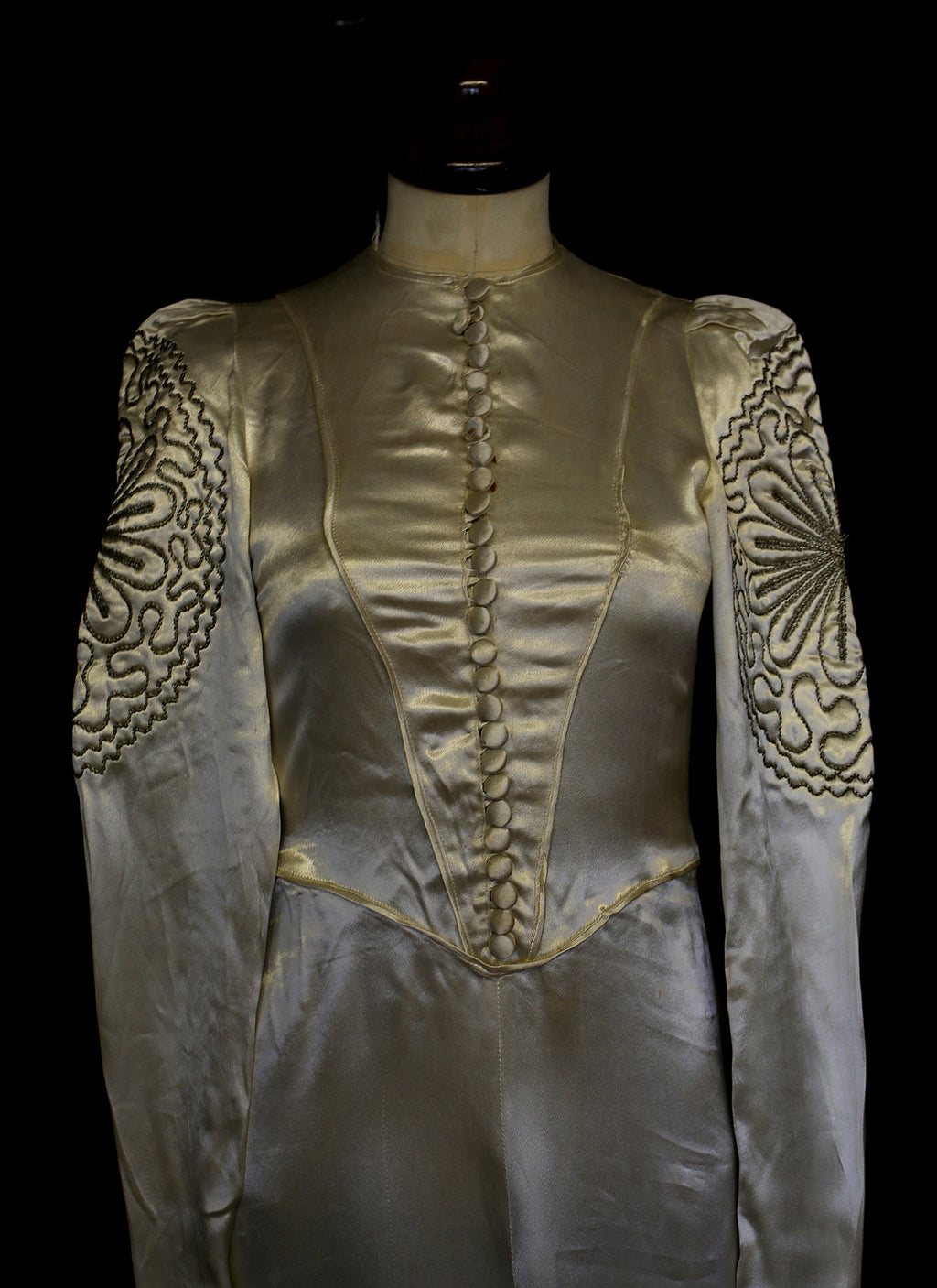 Vintage 1930s Embroidered Satin Wedding Dress