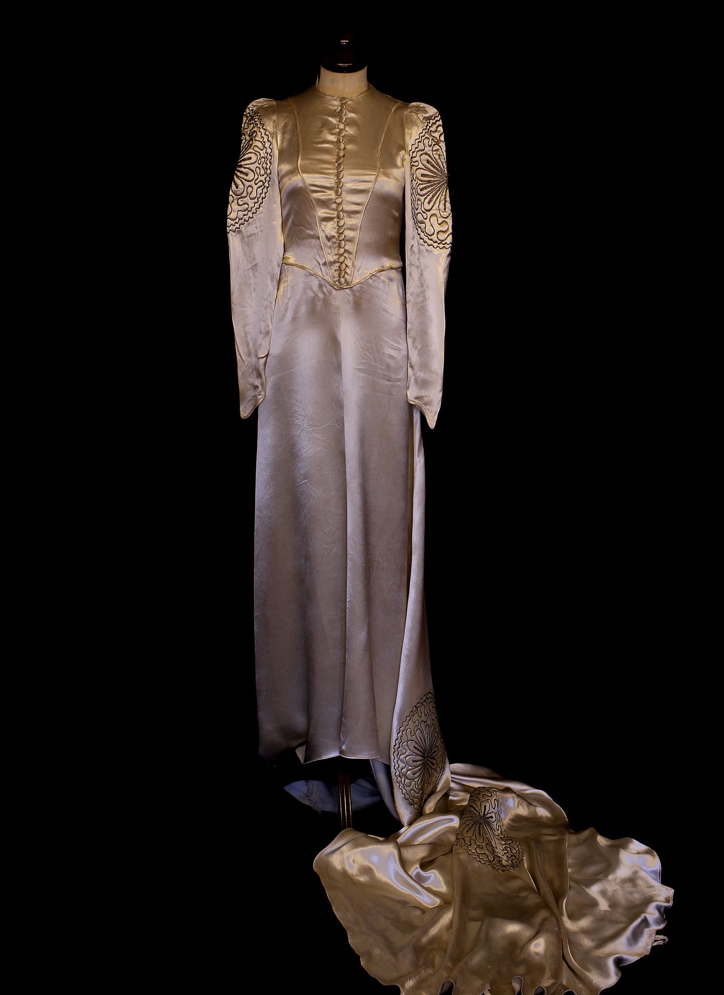 Vintage 1930s Embroidered Satin Wedding Dress