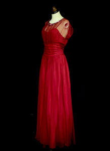Vintage 1940s Claret Red Silk Chiffon Gown